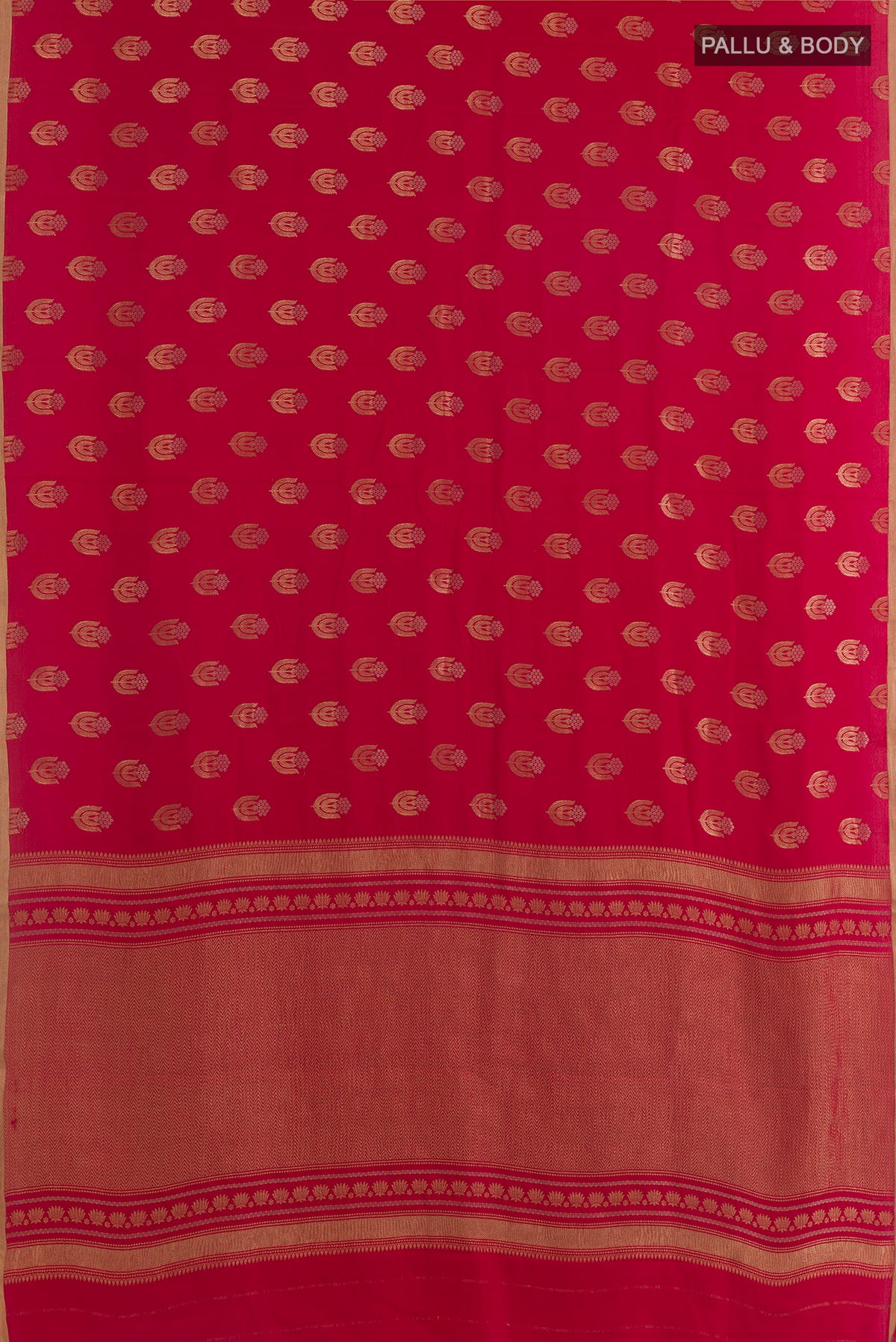 Flat view of Red Mysore Crepe Saree with Zari Butta on the body and Zari Border. 