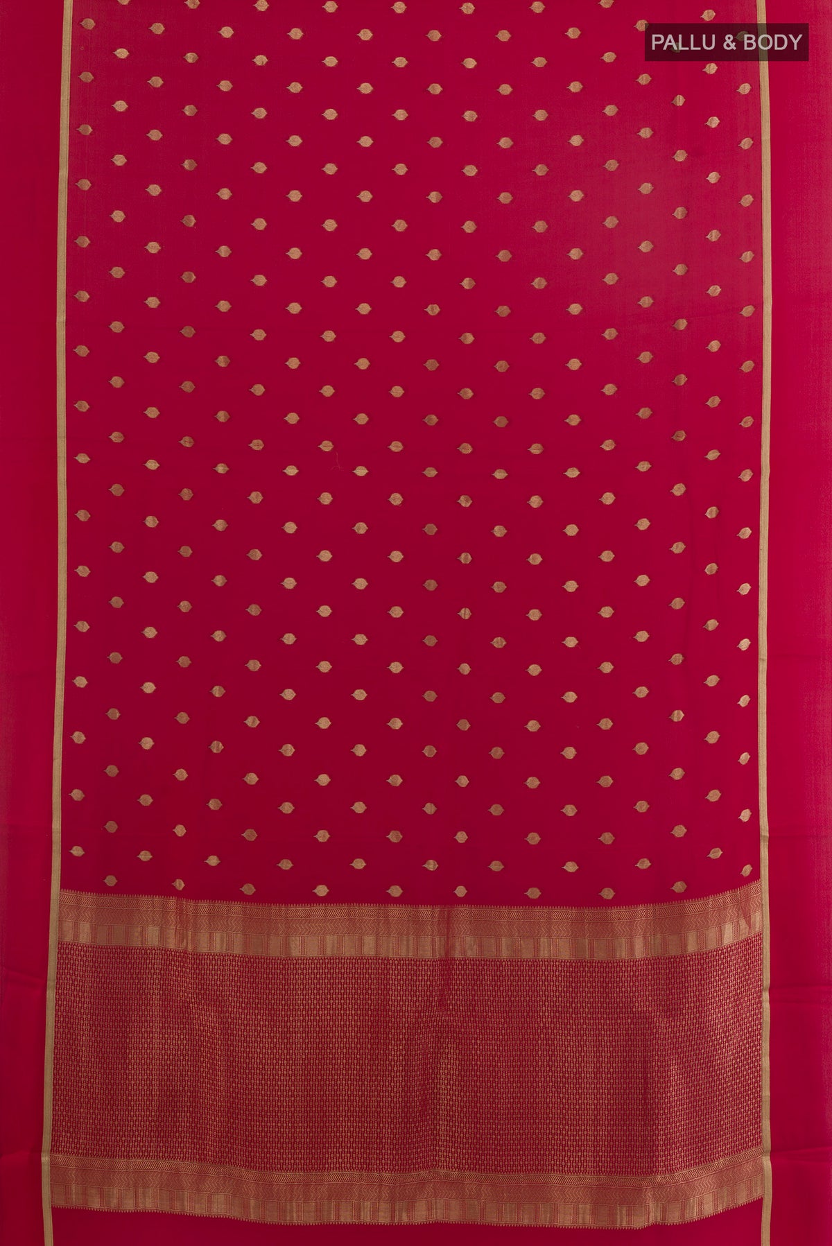 Flat view of Red Mysore Crepe Saree with Zari Butta on the body and Zari Border. 