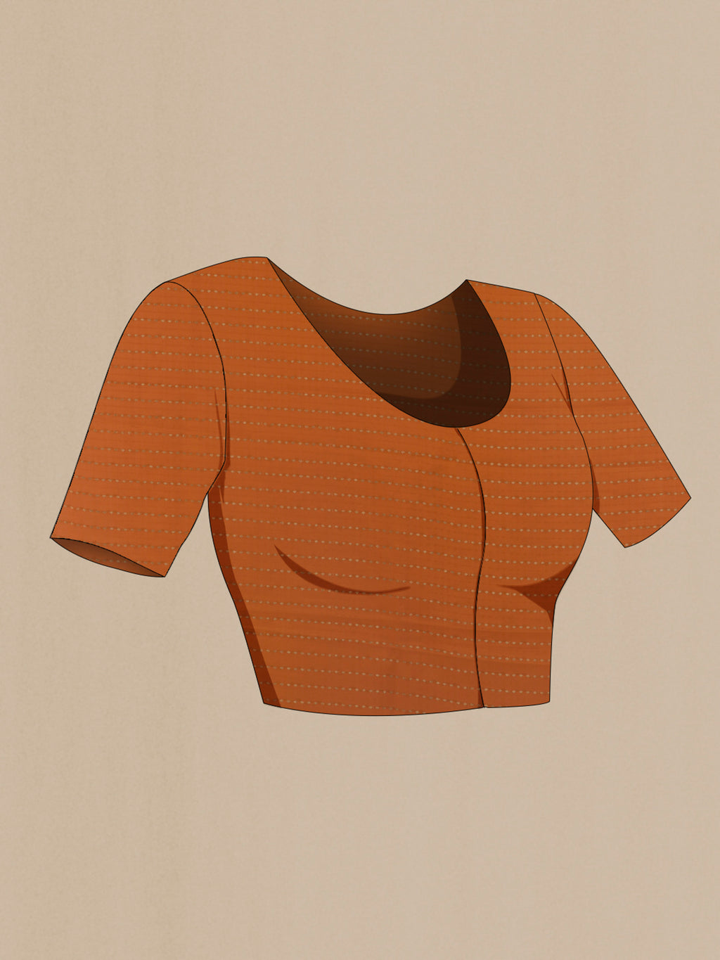 Close up image of the blouse of Brick Orange Mysore Crepe Saree with Plain Body and Zari Border. 