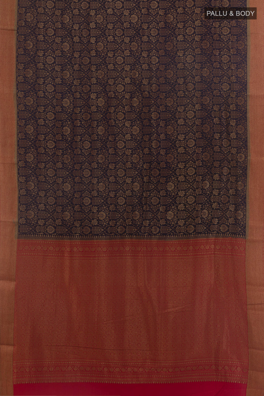 Flat view of Navy Blue Mysore Crepe Saree with Zari Brocade on the body and Zari Border. 