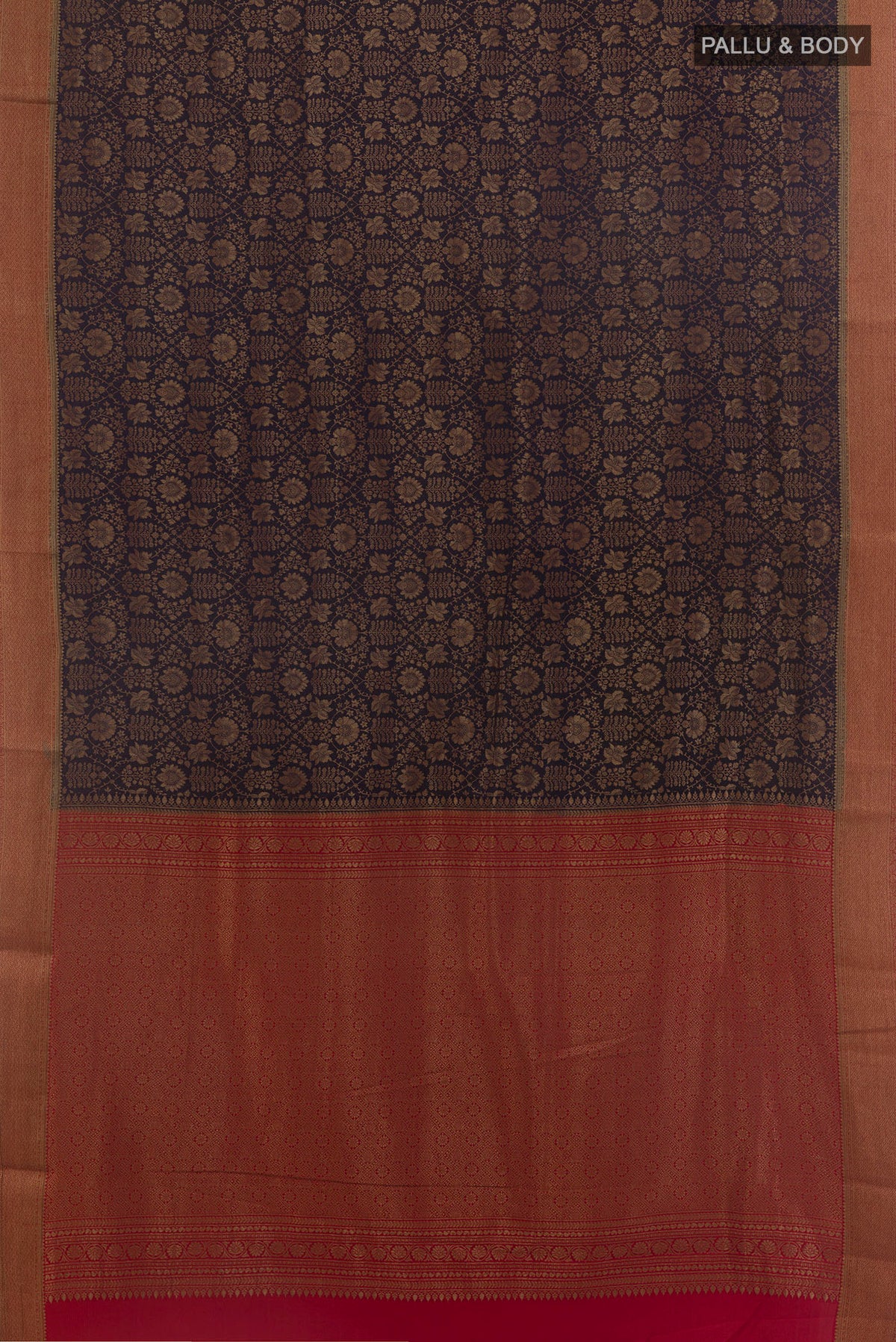 Flat view of Navy Blue Mysore Crepe Saree with Zari Brocade on the body and Zari Border. 
