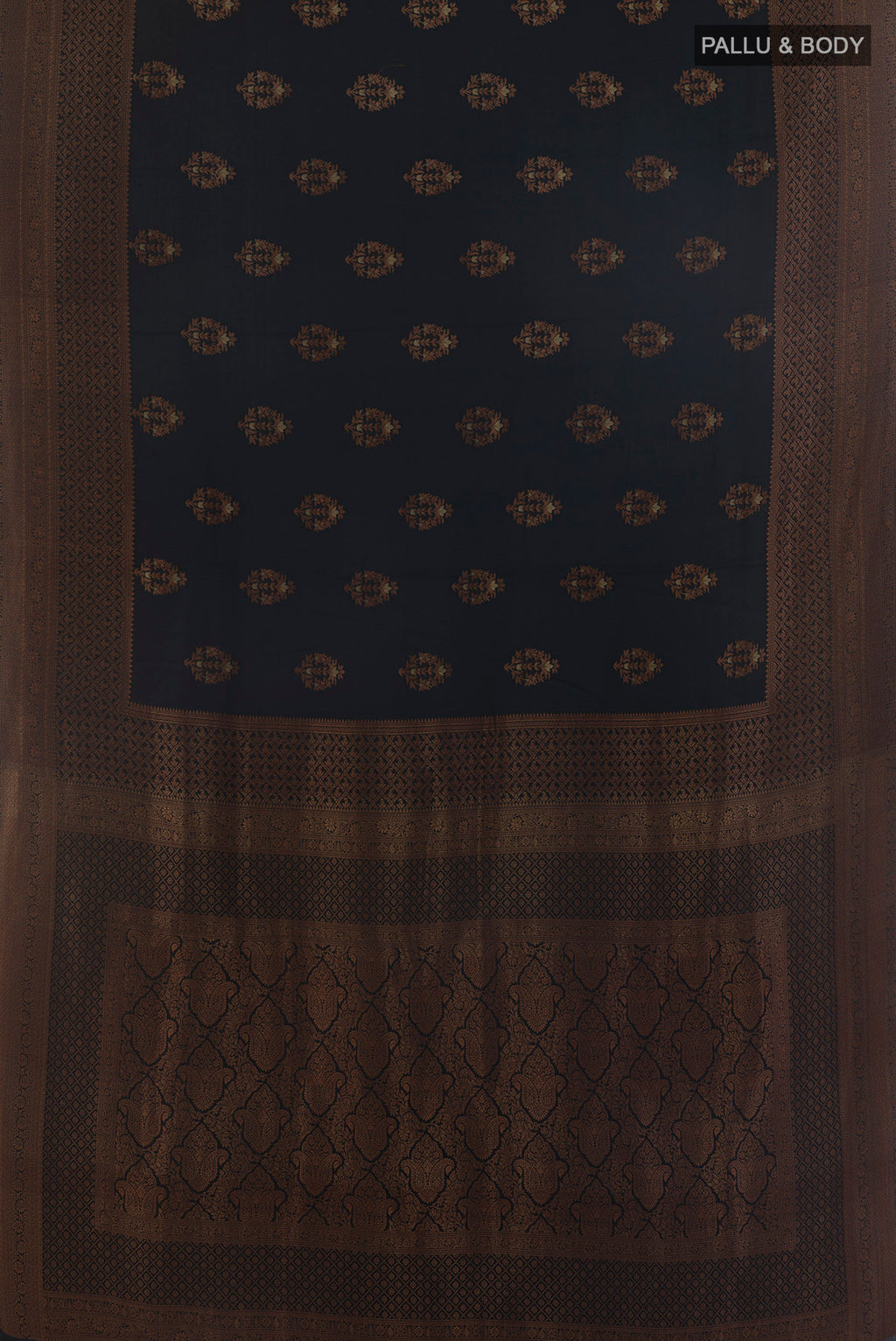 Flat view of Black Mysore Crepe Saree with Zari Butta on the body and Zari Border. 