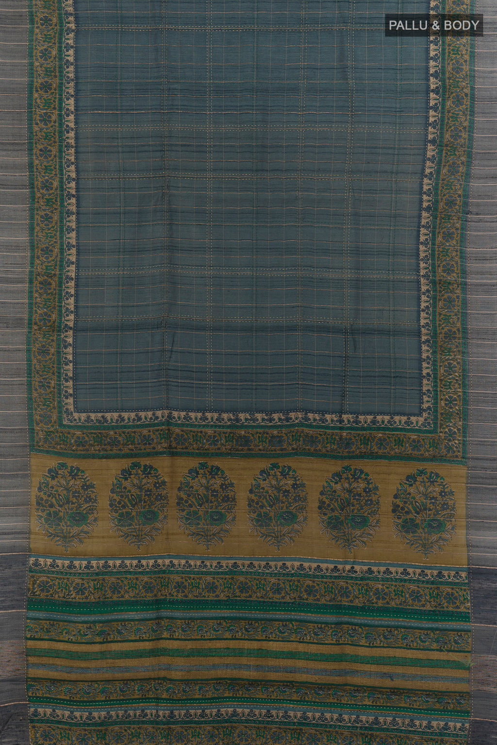 Flat view of Blue Grey Tussar Saree with Checked design on the body and Zari Border. 