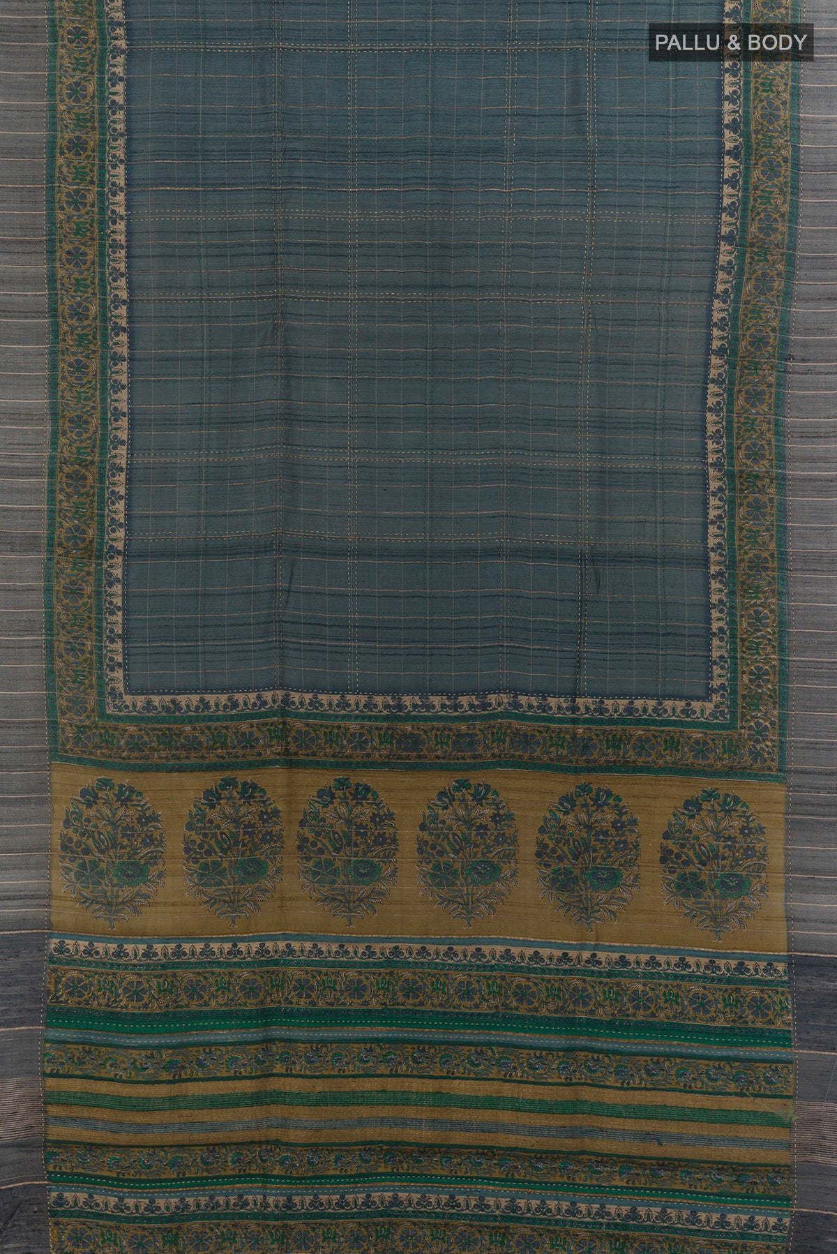 Flat view of Blue Grey Tussar Saree with Checked design on the body and Zari Border. 