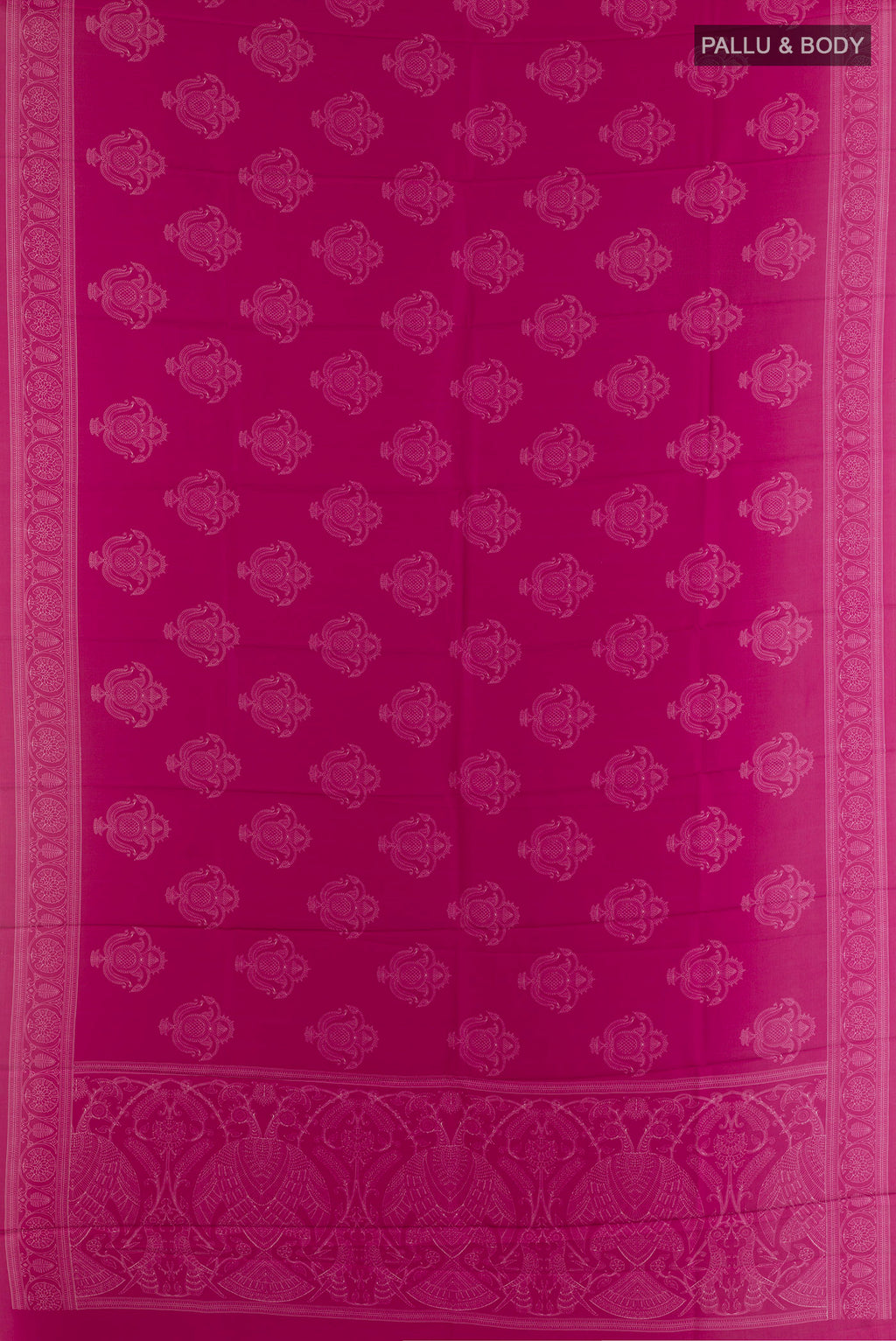 Flat view of Pure Silk Pink Printed Saree with Printed design on the body and Printed Border. 