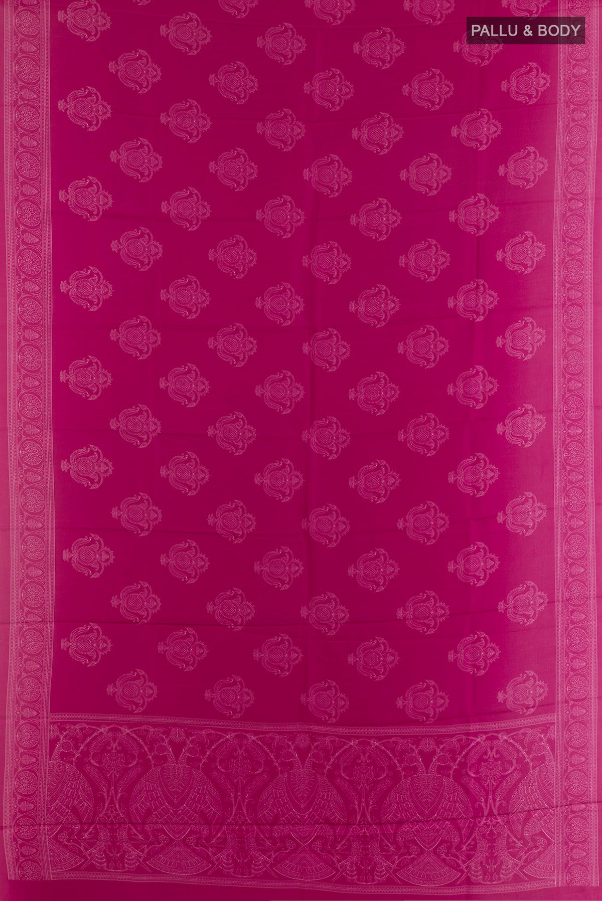 Flat view of Pure Silk Pink Printed Saree with Printed design on the body and Printed Border. 