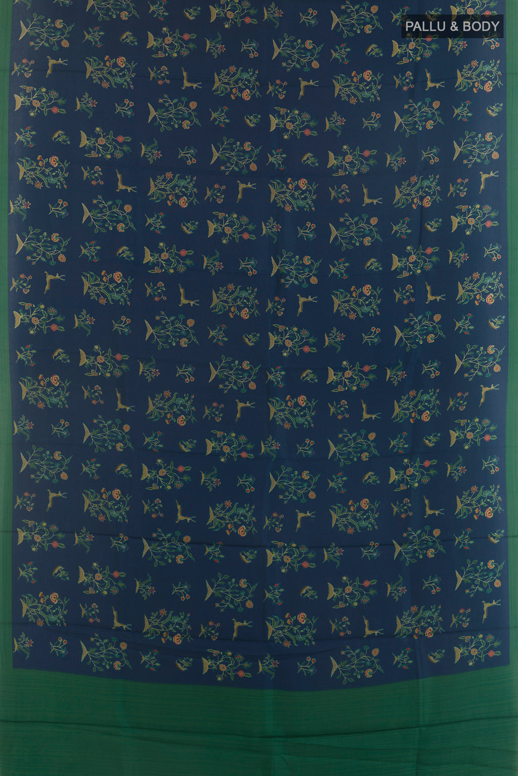 Flat view of Pure Silk Navy Blue Printed Saree with Printed design on the body and Plain Border. 