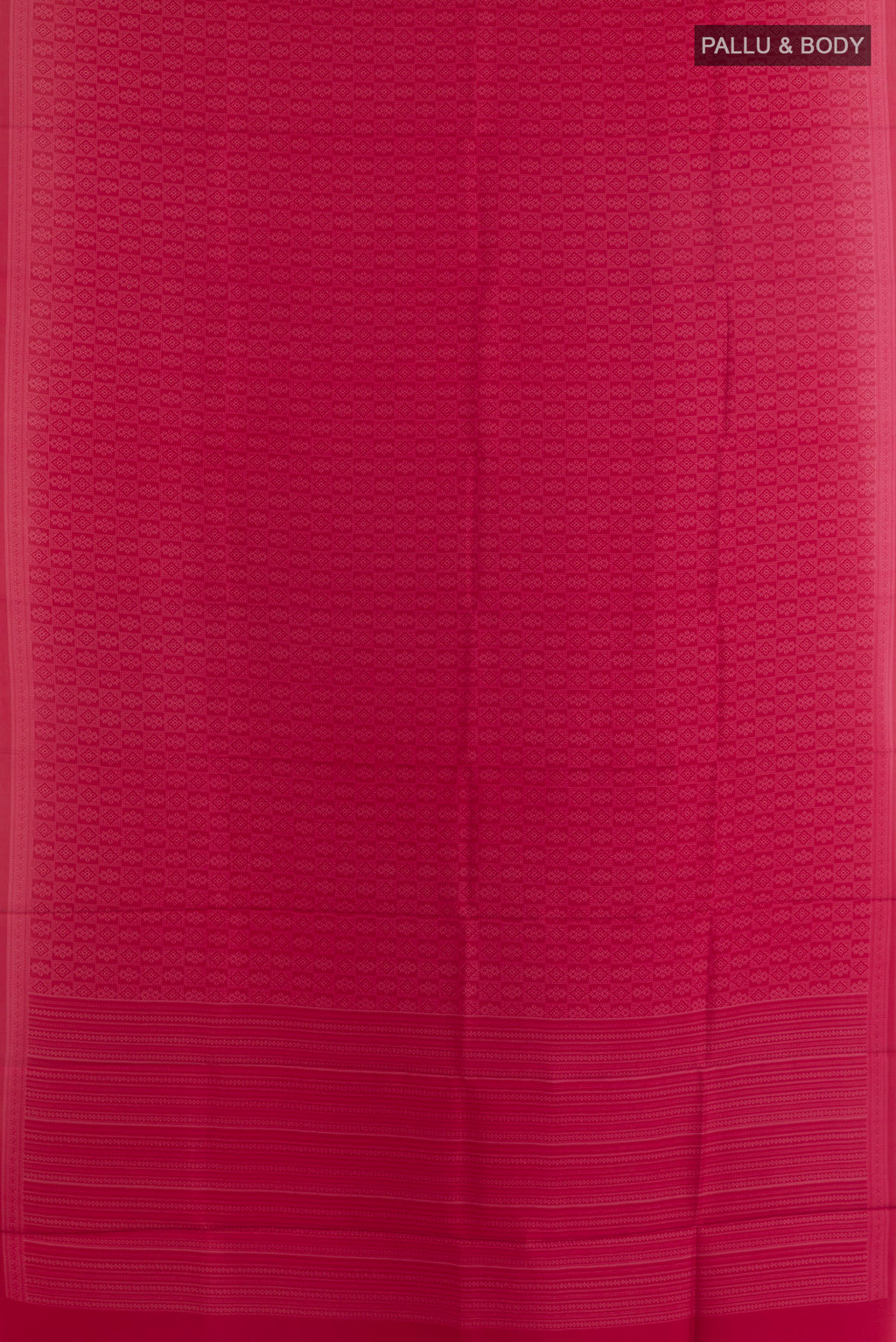 Flat view of Pure Silk Deep Red Printed Saree with Printed design on the body and Printed Border. 