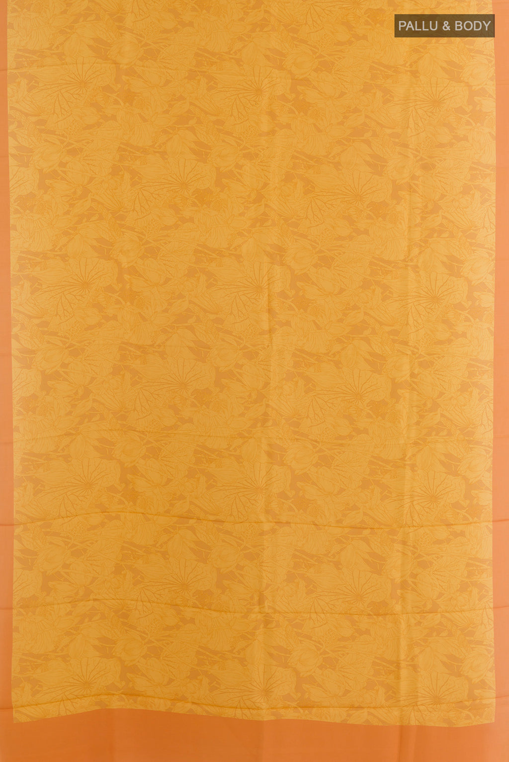 Flat view of Pure Silk Yellow Printed Saree with Printed design on the body and Printed Border. 