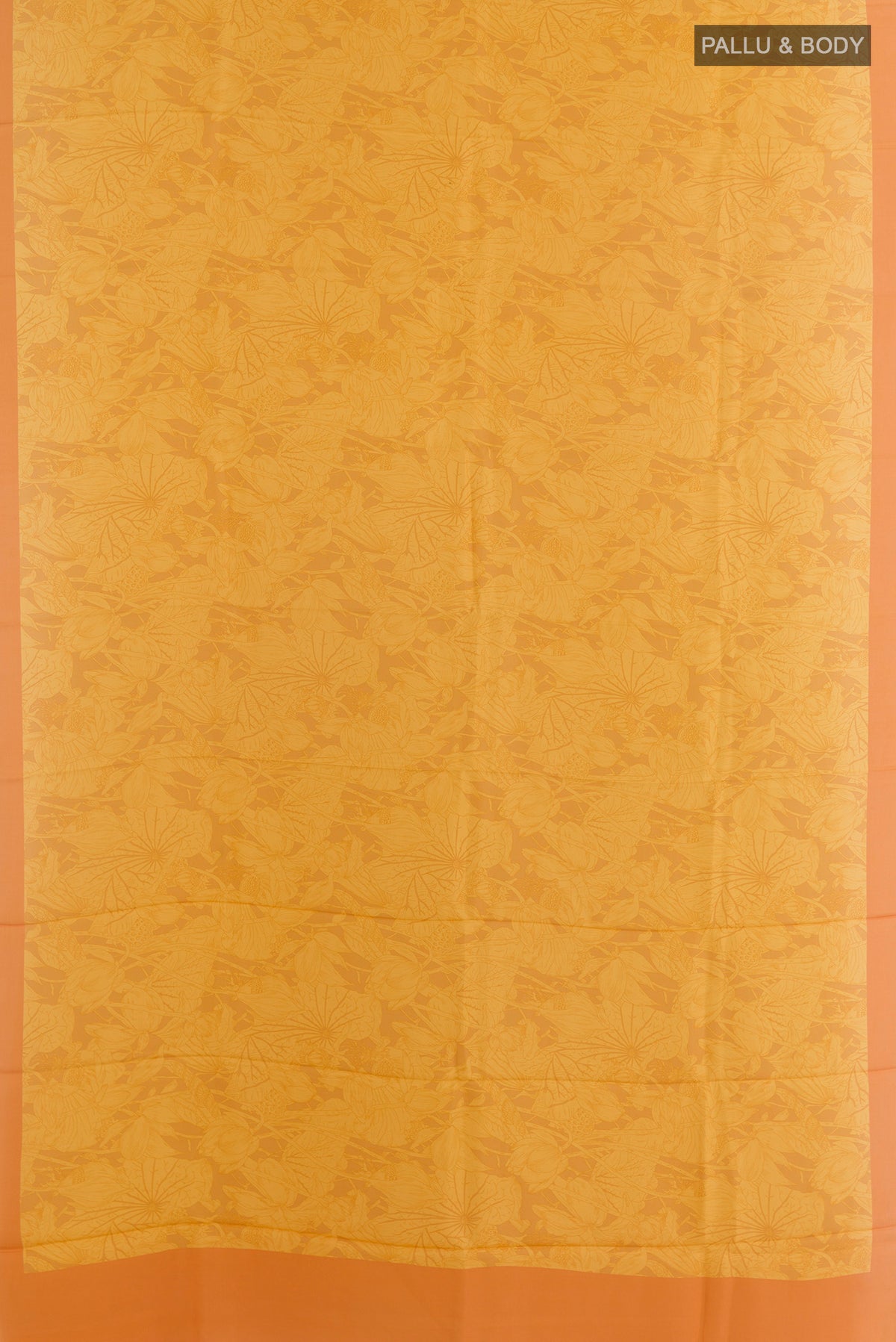 Flat view of Pure Silk Yellow Printed Saree with Printed design on the body and Printed Border. 