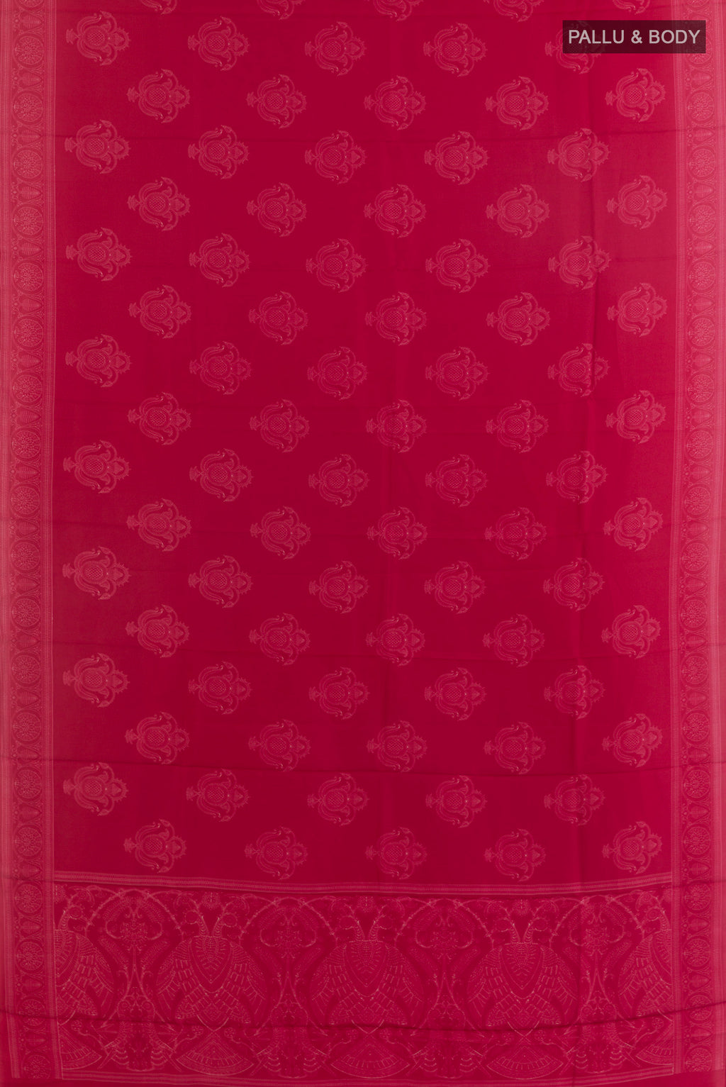 Flat view of Pure Silk Red Printed Saree with Printed design on the body and Printed Border. 