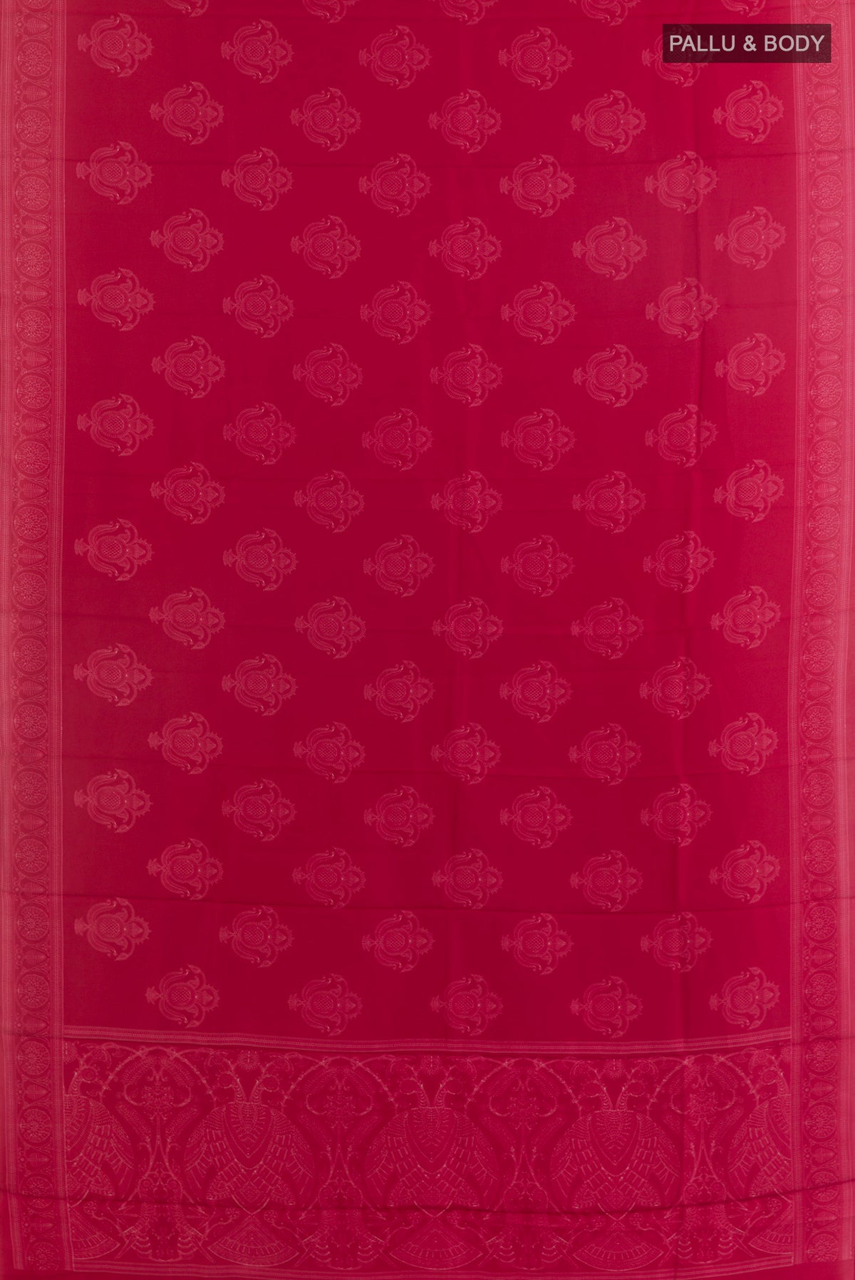 Flat view of Pure Silk Red Printed Saree with Printed design on the body and Printed Border. 