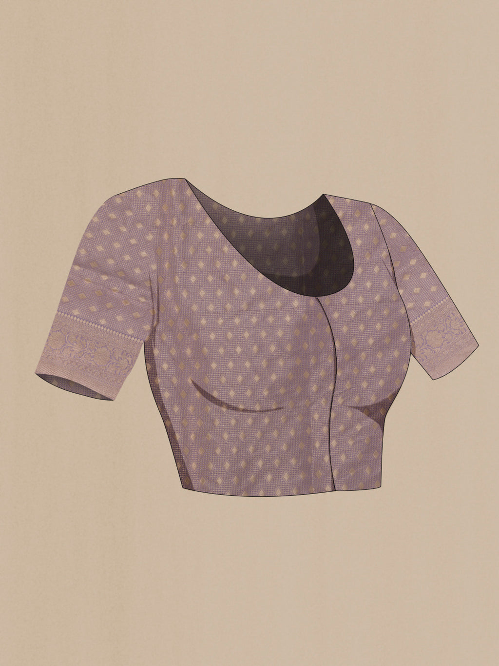 Close up image of the blouse of Pure Silk Lavender Banarasi Saree with Zari Brocade on the body and Zari Border. 