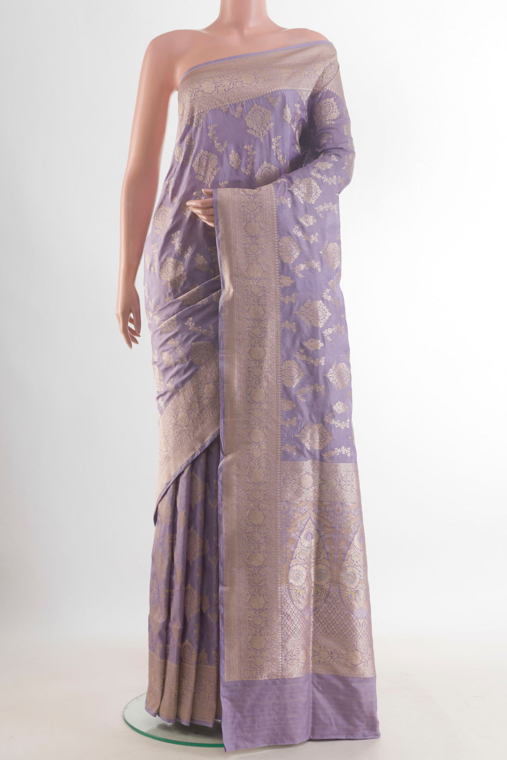 Pure Silk Lavender Banarasi Saree with Zari Brocade on the body and Zari Border.  displayed on a mannequin