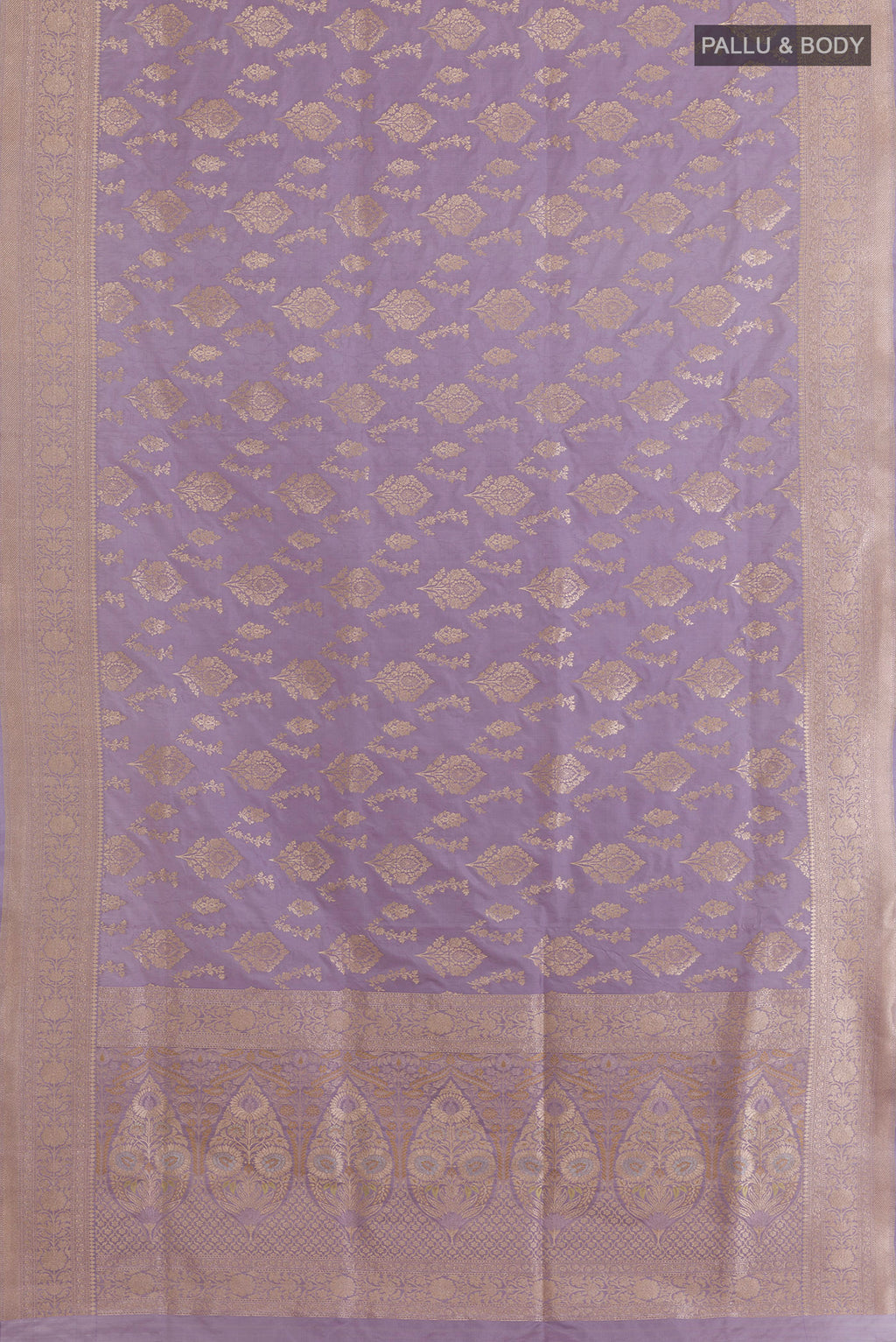 Flat view of Pure Silk Lavender Banarasi Saree with Zari Brocade on the body and Zari Border. 