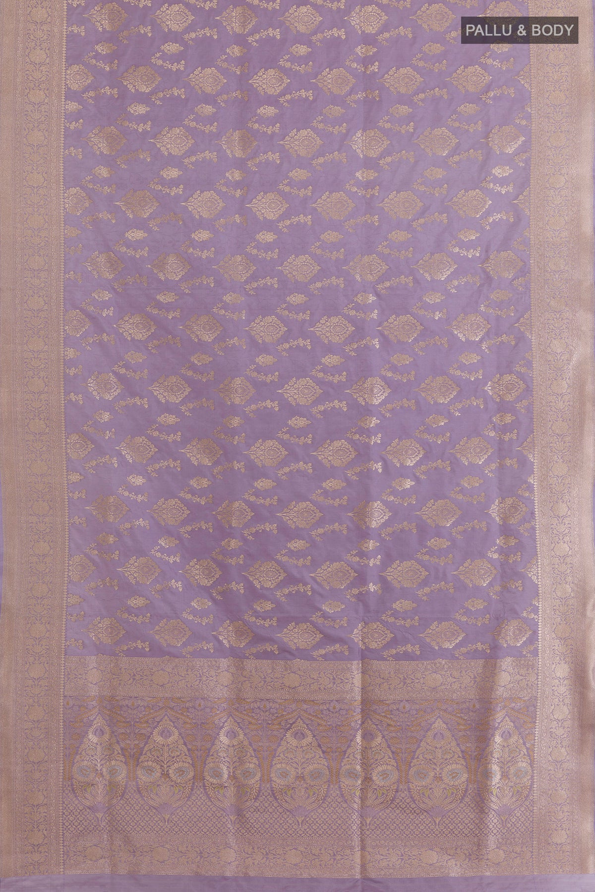 Flat view of Pure Silk Lavender Banarasi Saree with Zari Brocade on the body and Zari Border. 