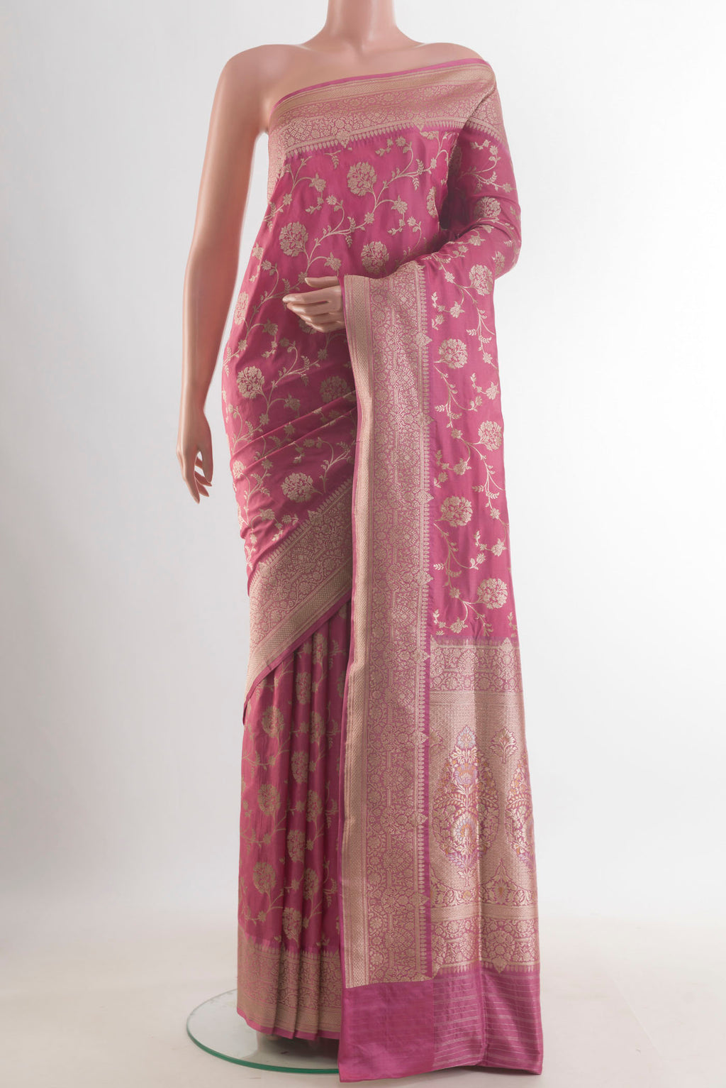Pure Silk Pink Banarasi Saree with Zari Brocade on the body and Zari Border.  displayed on a mannequin