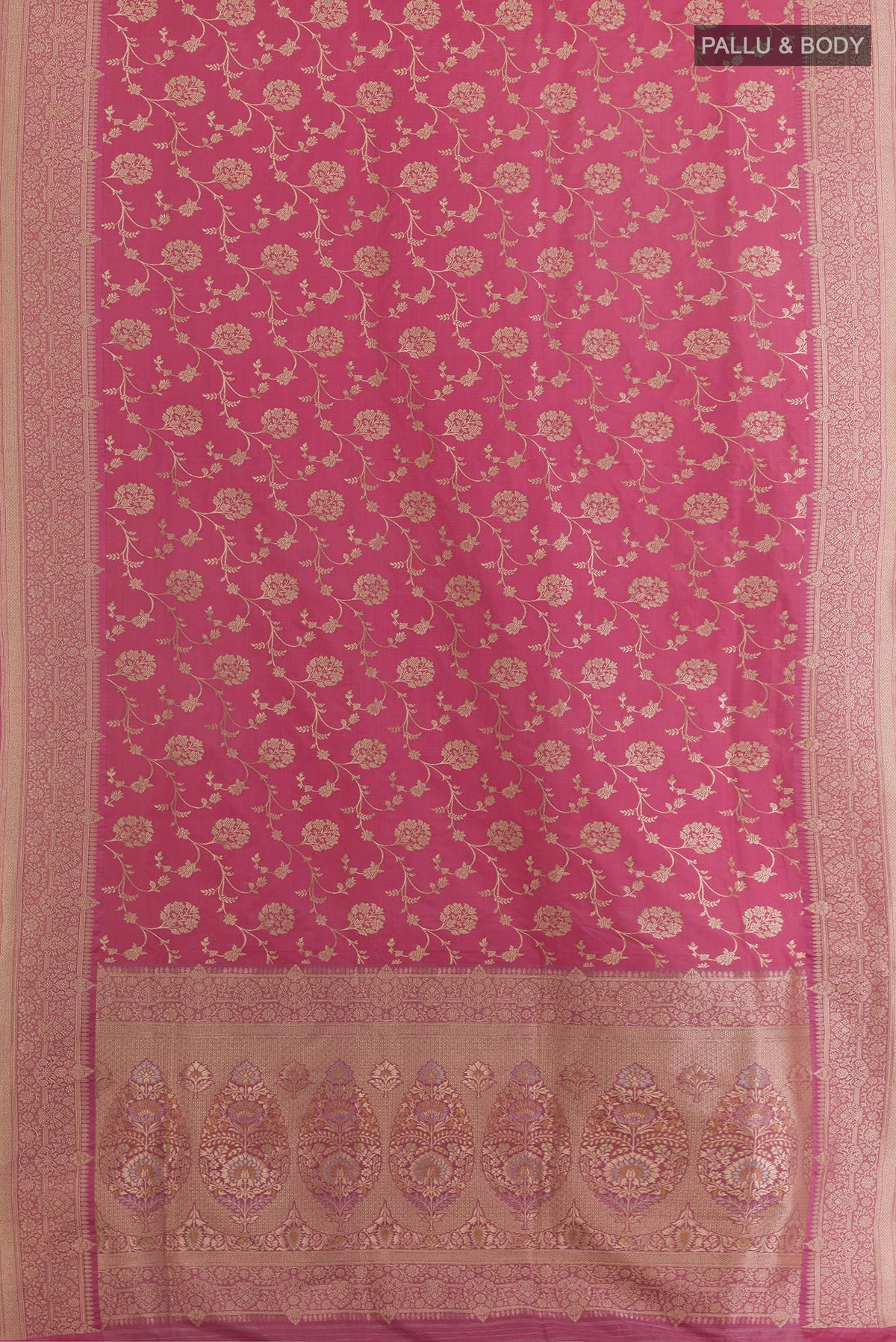 Flat view of Pure Silk Pink Banarasi Saree with Zari Brocade on the body and Zari Border. 