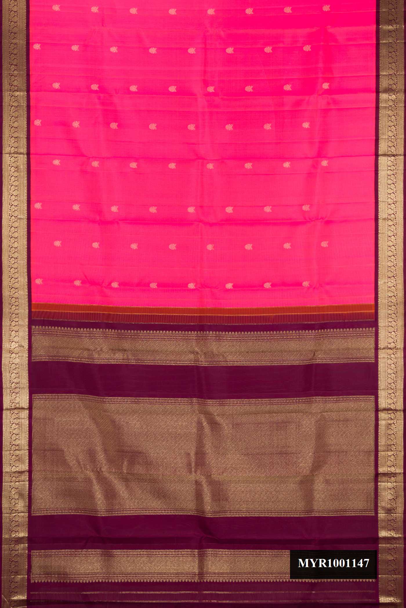 Pink Dual Tone Kanchipuram Silk Saree with Zari Butta on the body and Zari Border.  displayed on a mannequin