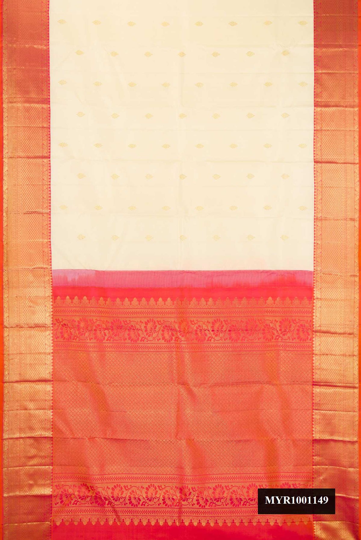 Sandal Dual Tone Kanchipuram Silk Saree with Zari Butta on the body and Zari Border.  displayed on a mannequin