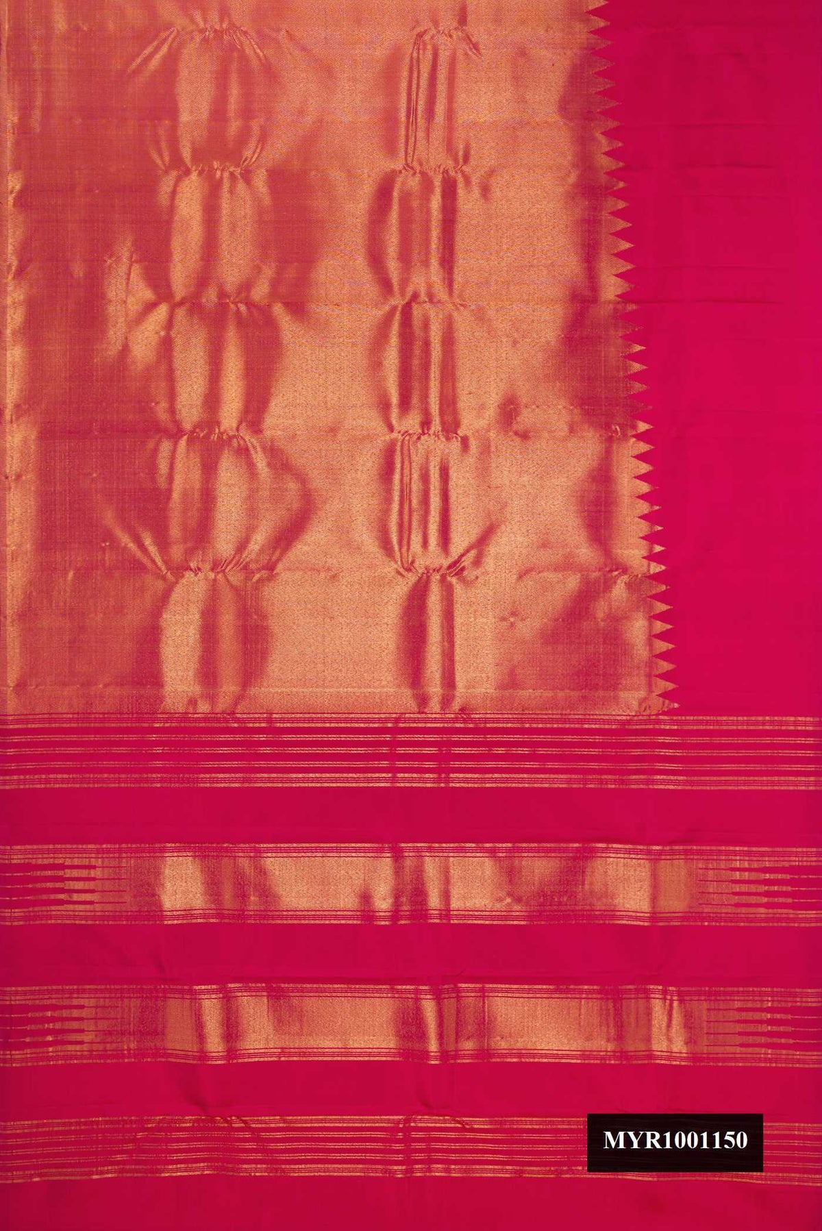 Dark Pink Dual Tone Kanchipuram Silk Saree with Plain Body and Rising Temple Border.  displayed on a mannequin