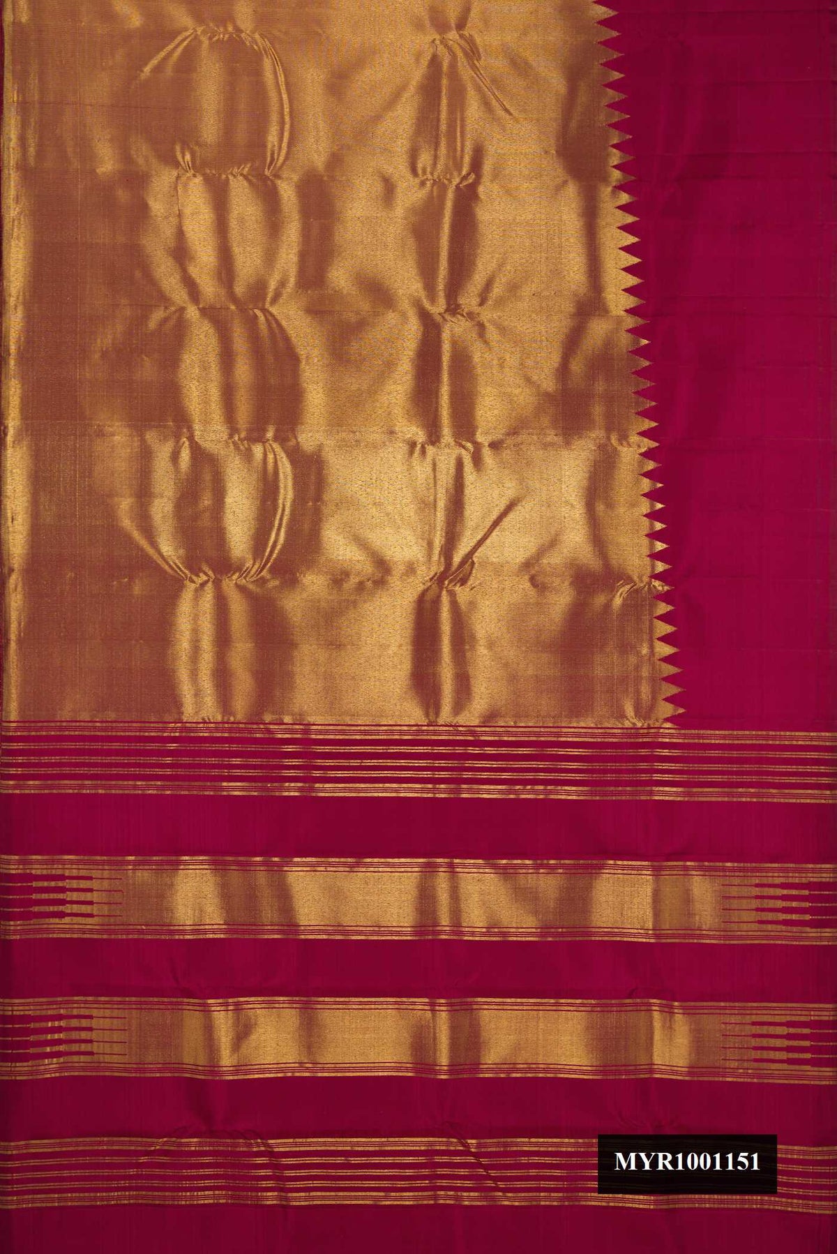 Maroon Dual Tone Kanchipuram Silk Saree with Plain Body and Rising Temple Border.  displayed on a mannequin