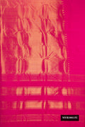 Dark Pink Dual Tone Kanchipuram Silk Saree with Plain Body and Rising Temple Border.  displayed on a mannequin
