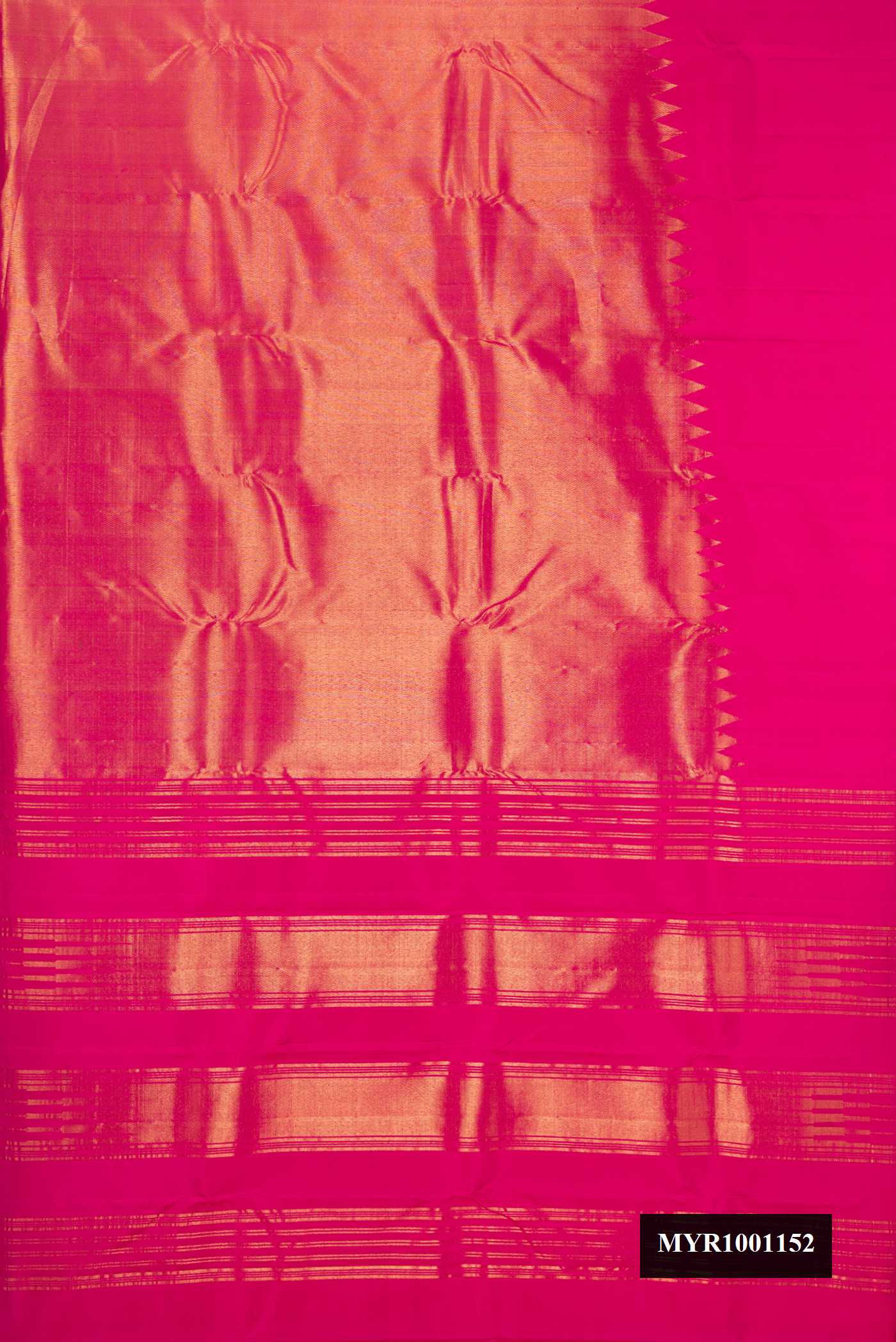 Dark Pink Dual Tone Kanchipuram Silk Saree with Plain Body and Rising Temple Border.  displayed on a mannequin