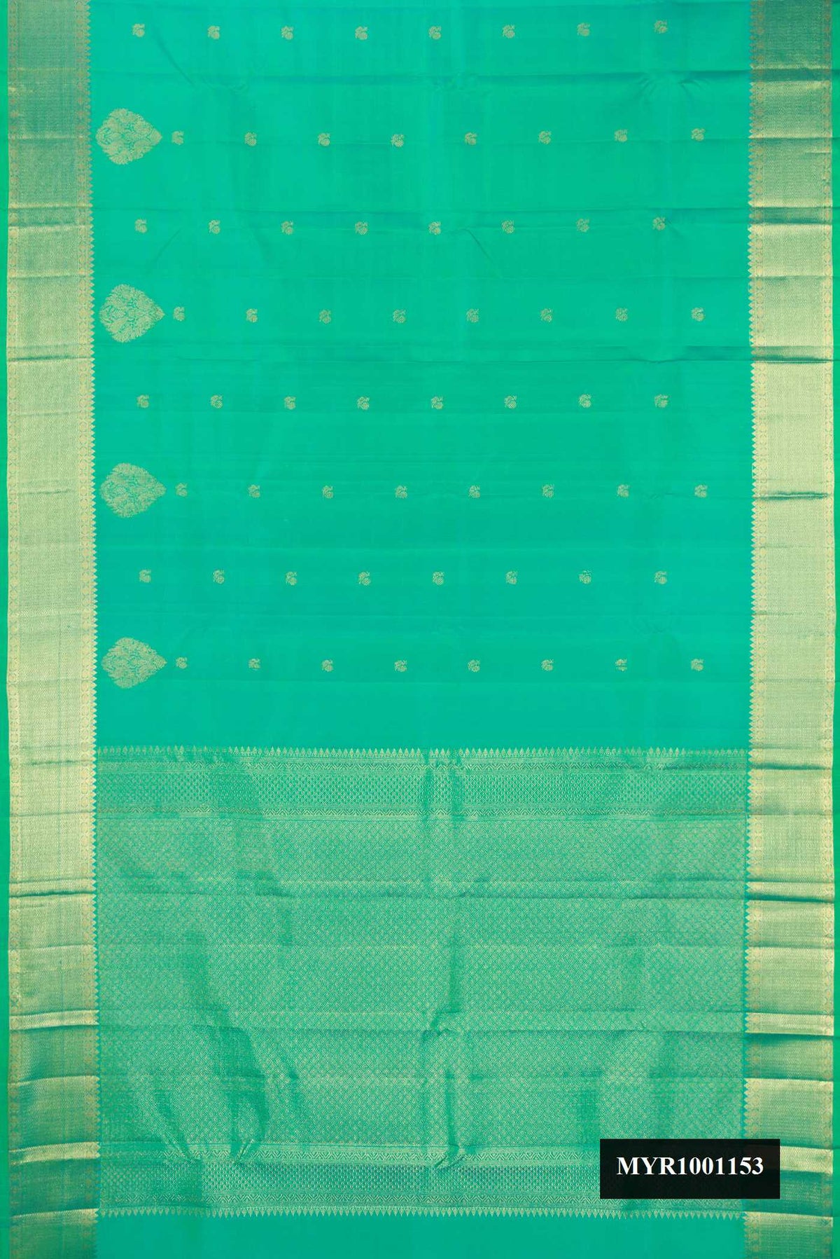 Sea Green Dual Tone Kanchipuram Silk Saree with Zari Butta on the body and Fancy Border.  displayed on a mannequin