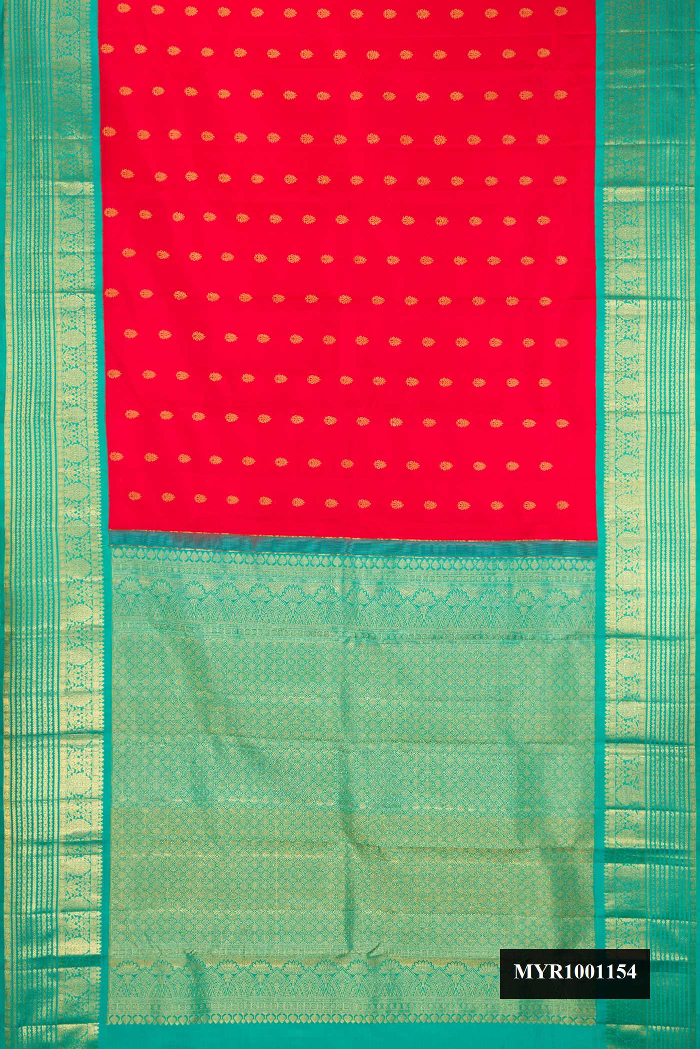 Red Dual Tone Kanchipuram Silk Saree with Zari Butta on the body and Fancy Border.  displayed on a mannequin
