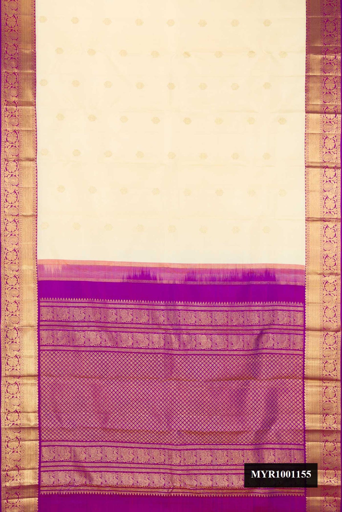 Sandal Dual Tone Kanchipuram Silk Saree with Zari Butta on the body and Zari Border.  displayed on a mannequin