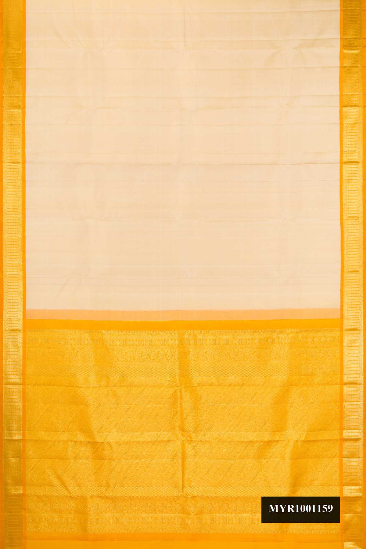 Beige Dual Tone Kanchipuram Silk Saree with Plain Body and Zari Border.  displayed on a mannequin