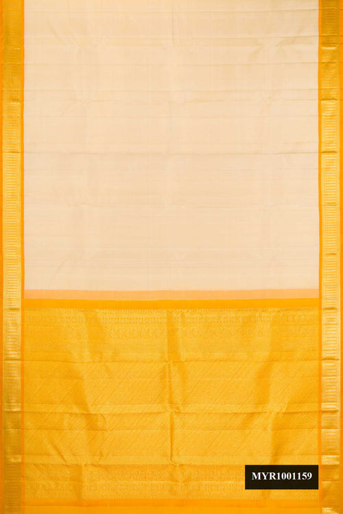 Beige Dual Tone Kanchipuram Silk Saree with Plain Body and Zari Border.  displayed on a mannequin