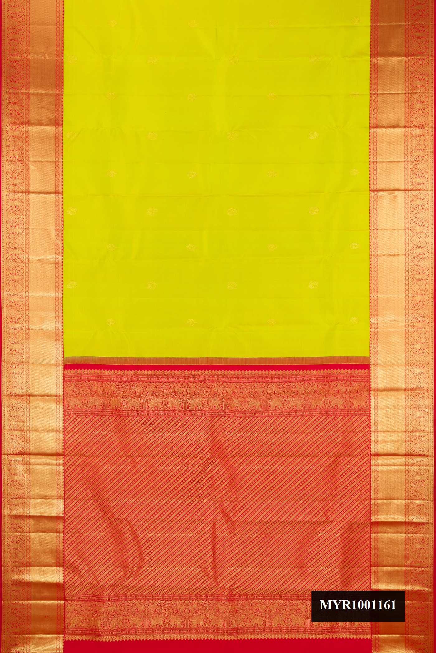 Parrot Green Dual Tone Kanchipuram Silk Saree with Zari Butta on the body and Zari Border.  displayed on a mannequin