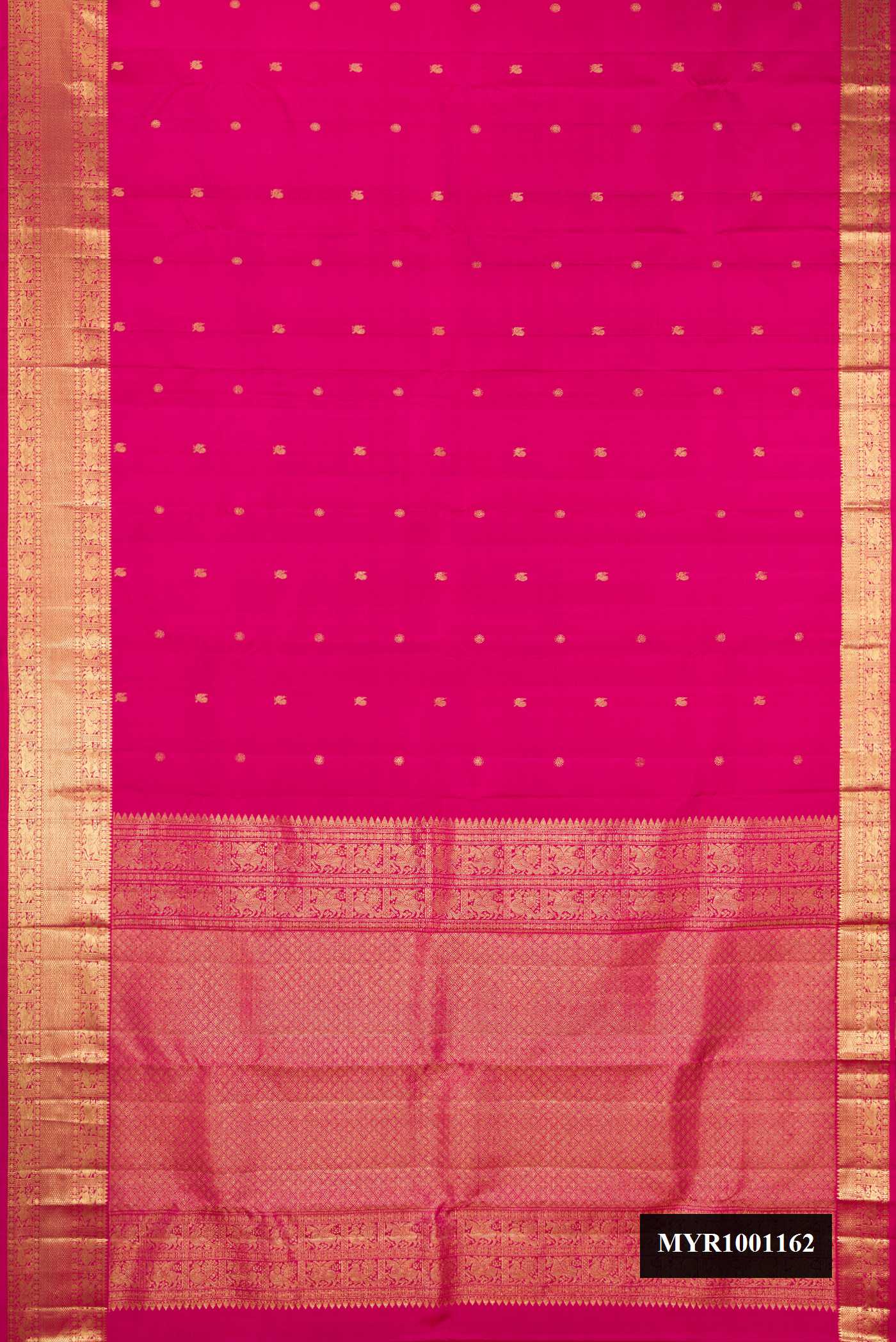 Dark Pink Dual Tone Kanchipuram Silk Saree with Zari Butta on the body and Zari Border.  displayed on a mannequin