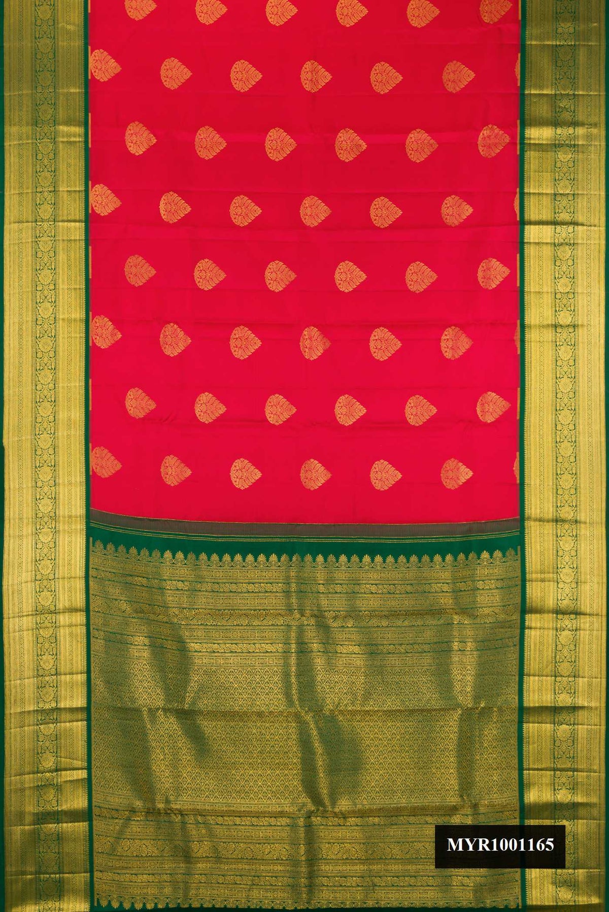 Red Dual Tone Kanchipuram Silk Saree with Zari Butta on the body and Zari Border.  displayed on a mannequin