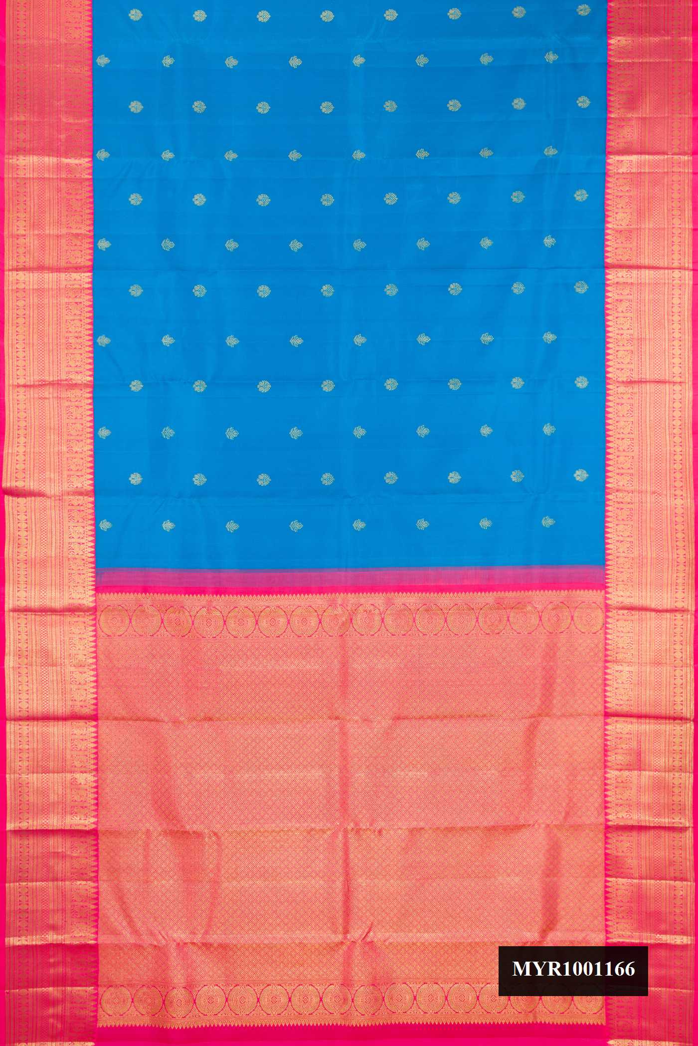 Blue Dual Tone Kanchipuram Silk Saree with Zari Butta on the body and Zari Border.  displayed on a mannequin