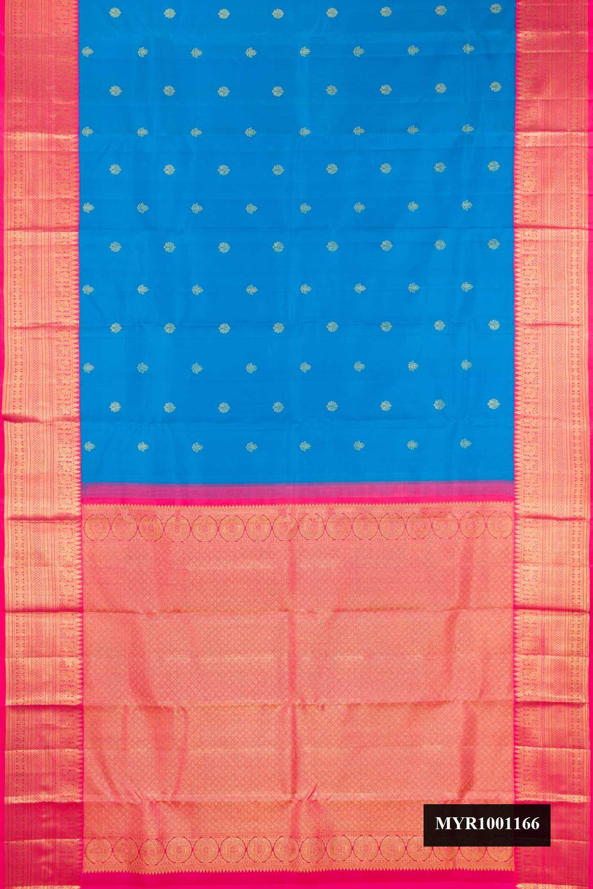 Blue Dual Tone Kanchipuram Silk Saree with Zari Butta on the body and Zari Border.  displayed on a mannequin