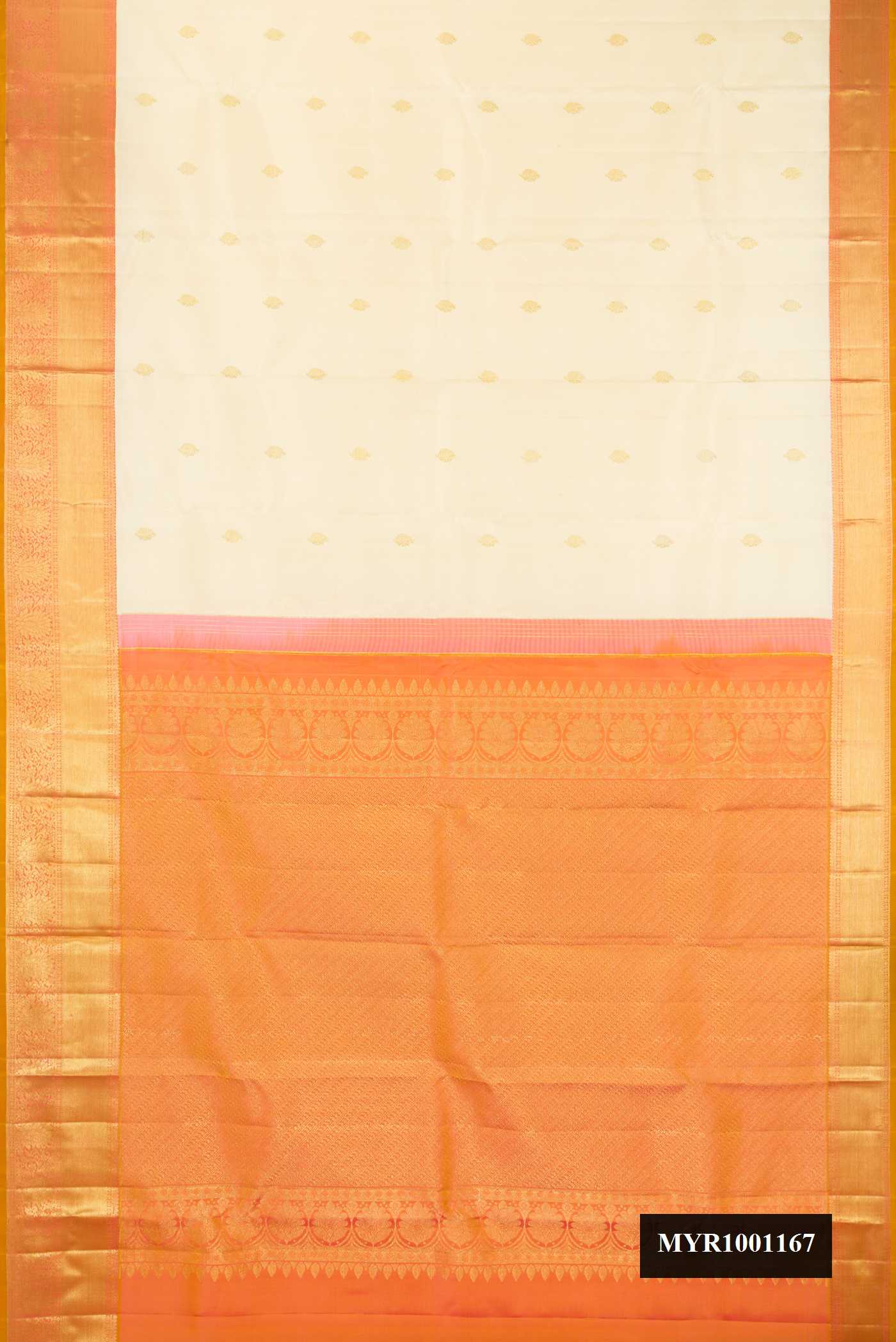 Sandal Dual Tone Kanchipuram Silk Saree with Zari Butta on the body and Zari Border.  displayed on a mannequin