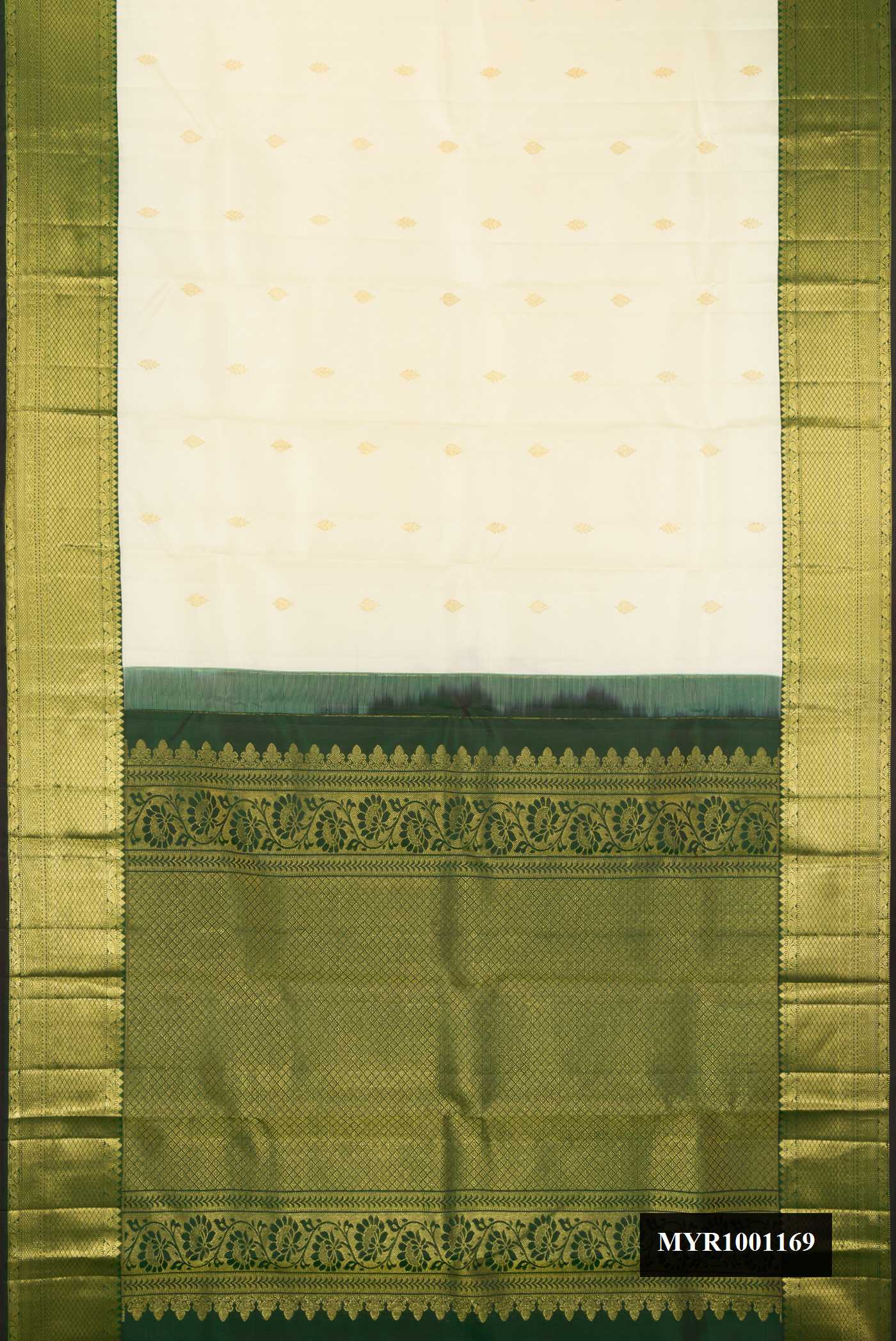 Off White Dual Tone Kanchipuram Silk Saree with Zari Butta on the body and Zari Border.  displayed on a mannequin