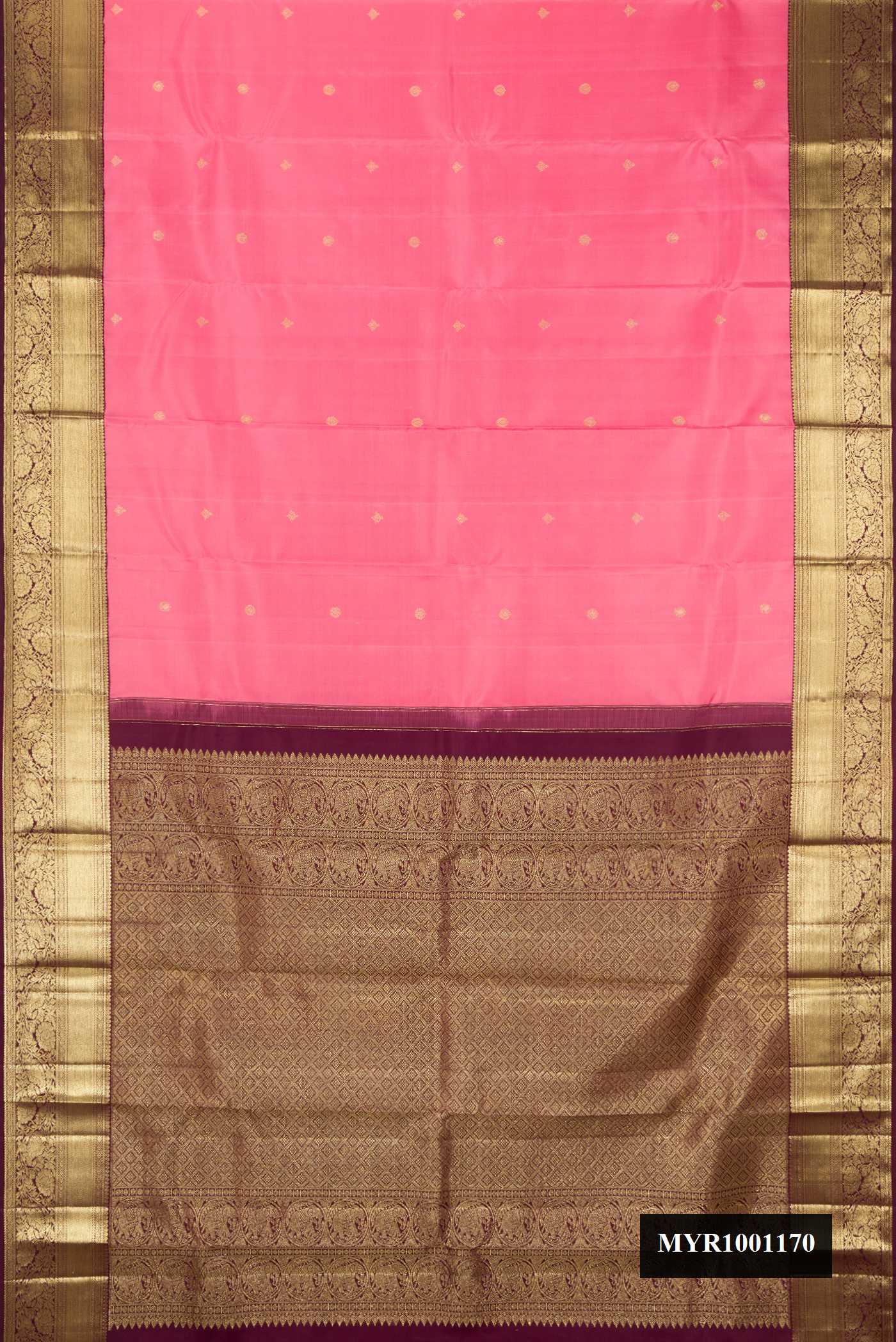 Pink Dual Tone Kanchipuram Silk Saree with Zari Butta on the body and Zari Border.  displayed on a mannequin