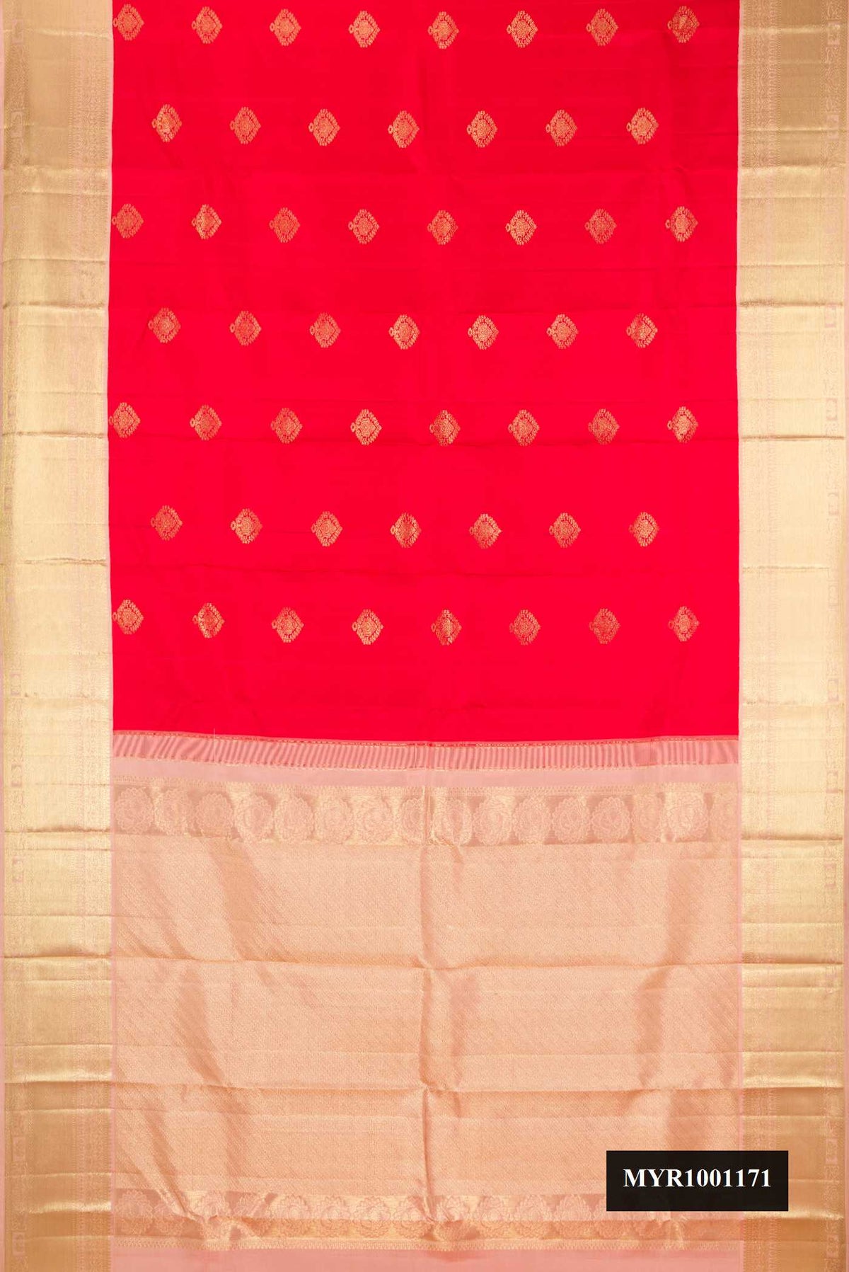 Red Dual Tone Kanchipuram Silk Saree with Zari Butta on the body and Zari Border.  displayed on a mannequin