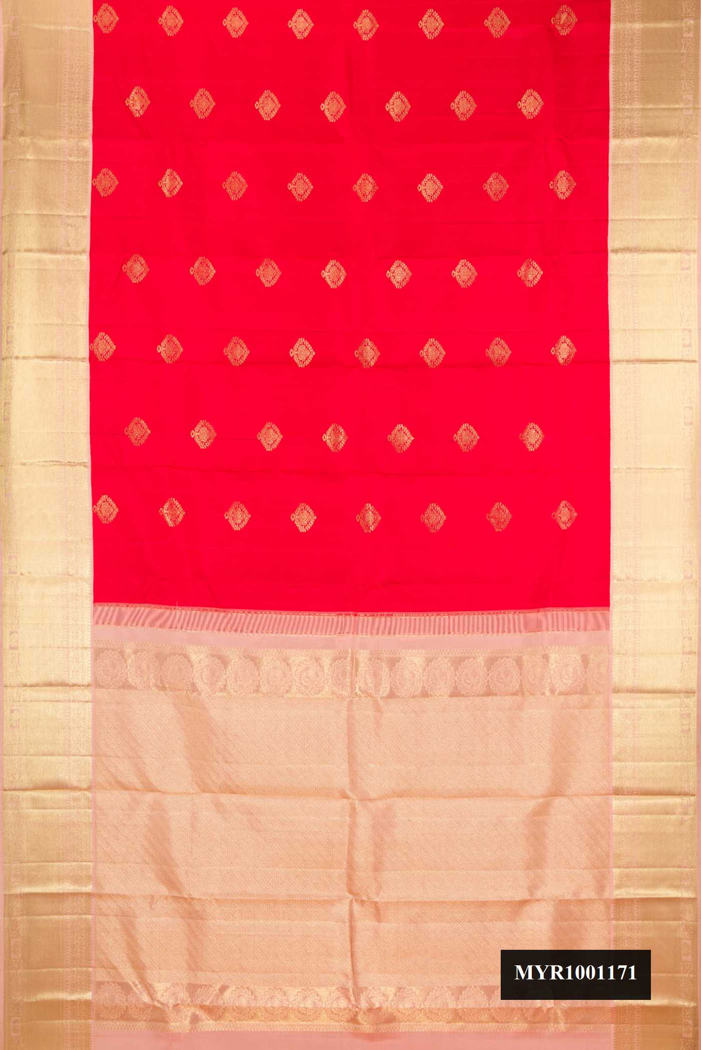 Red Dual Tone Kanchipuram Silk Saree with Zari Butta on the body and Zari Border.  displayed on a mannequin