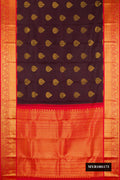 Coffee Brown Dual Tone Kanchipuram Silk Saree with Zari Butta on the body and Zari Border.  displayed on a mannequin