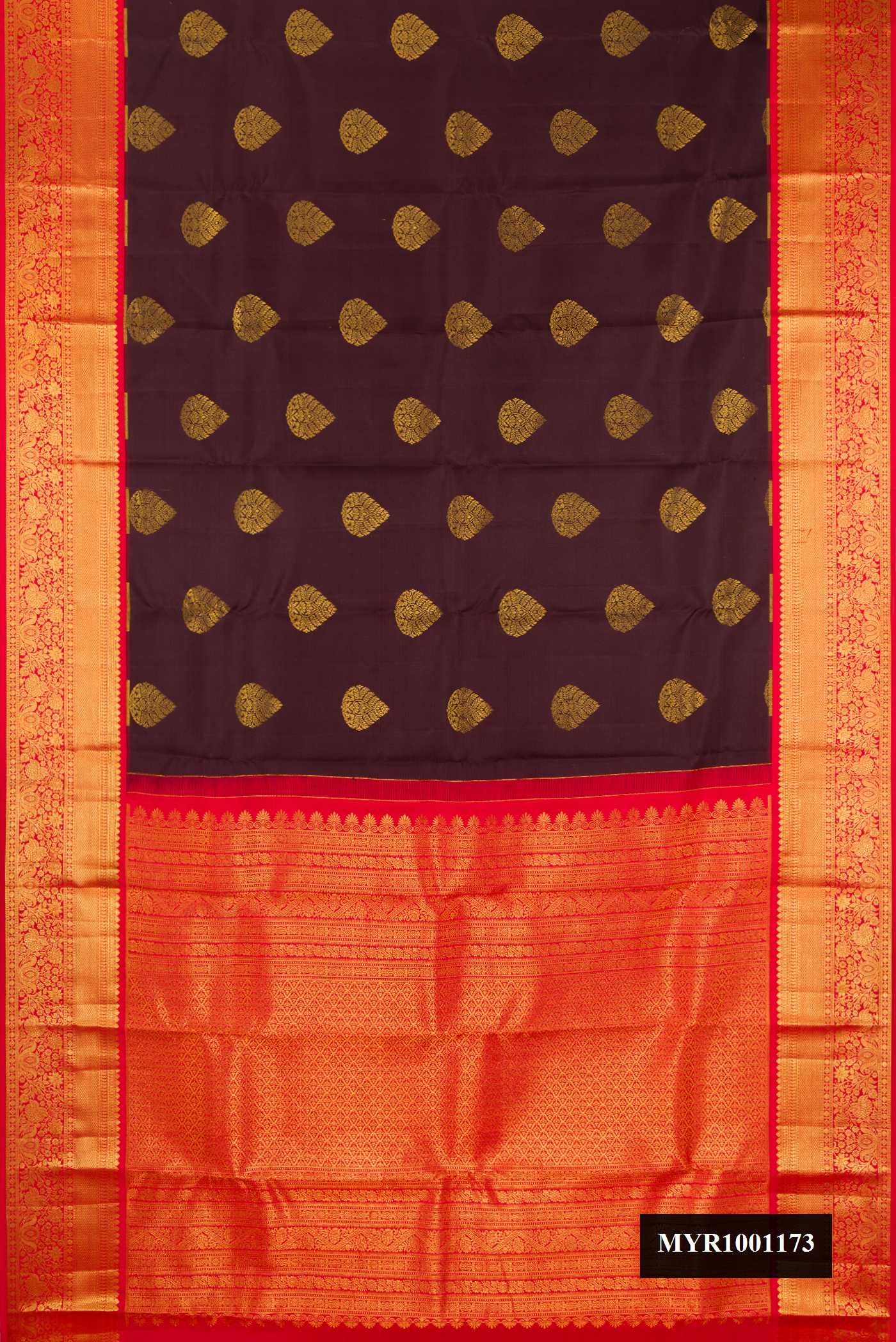 Coffee Brown Dual Tone Kanchipuram Silk Saree with Zari Butta on the body and Zari Border.  displayed on a mannequin