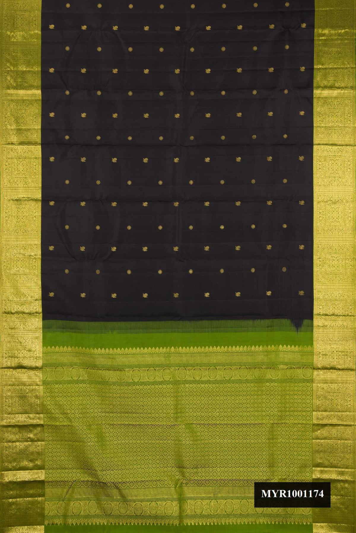 Black Dual Tone Kanchipuram Silk Saree with Zari Butta on the body and Zari Border.  displayed on a mannequin