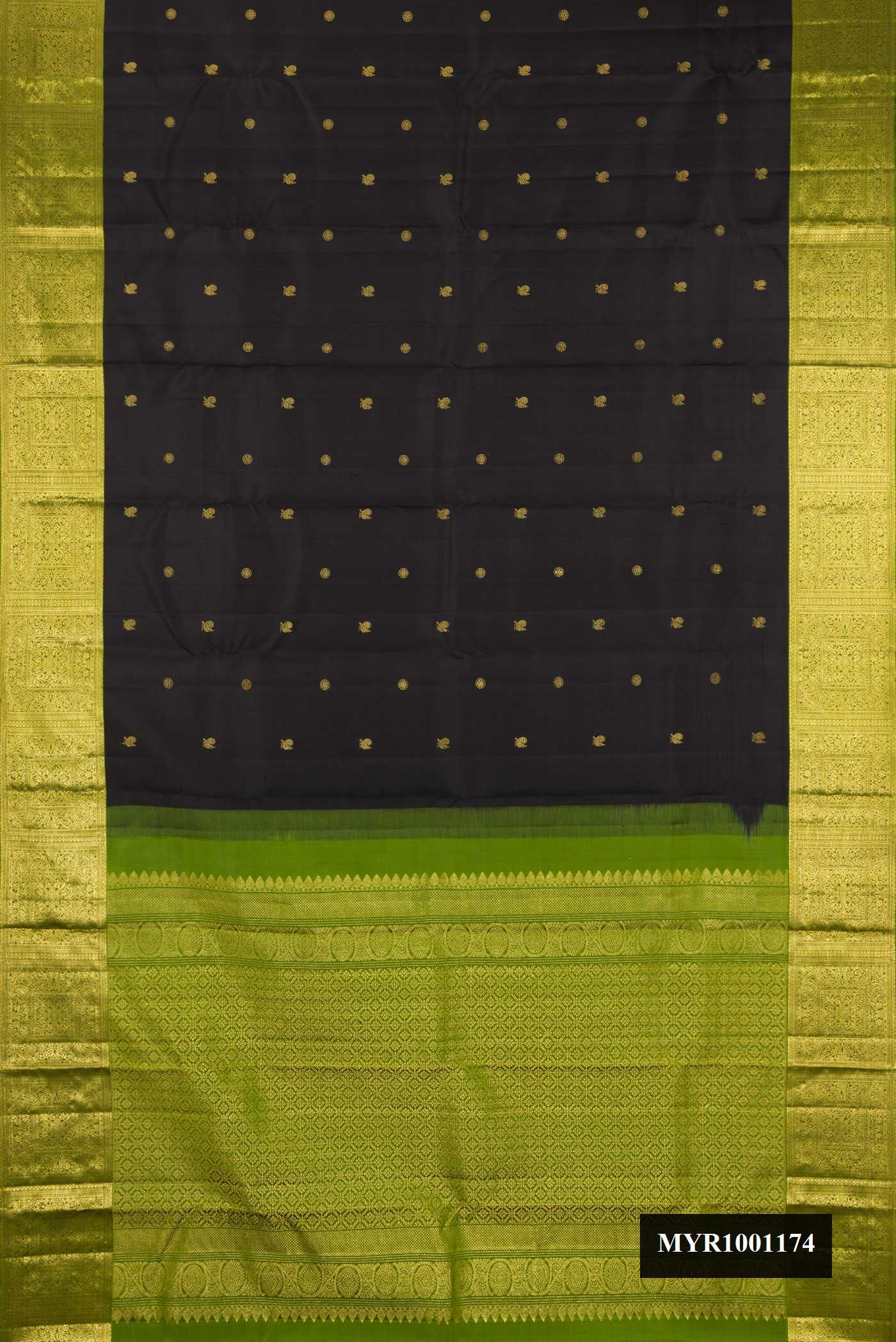 Black Dual Tone Kanchipuram Silk Saree with Zari Butta on the body and Zari Border.  displayed on a mannequin