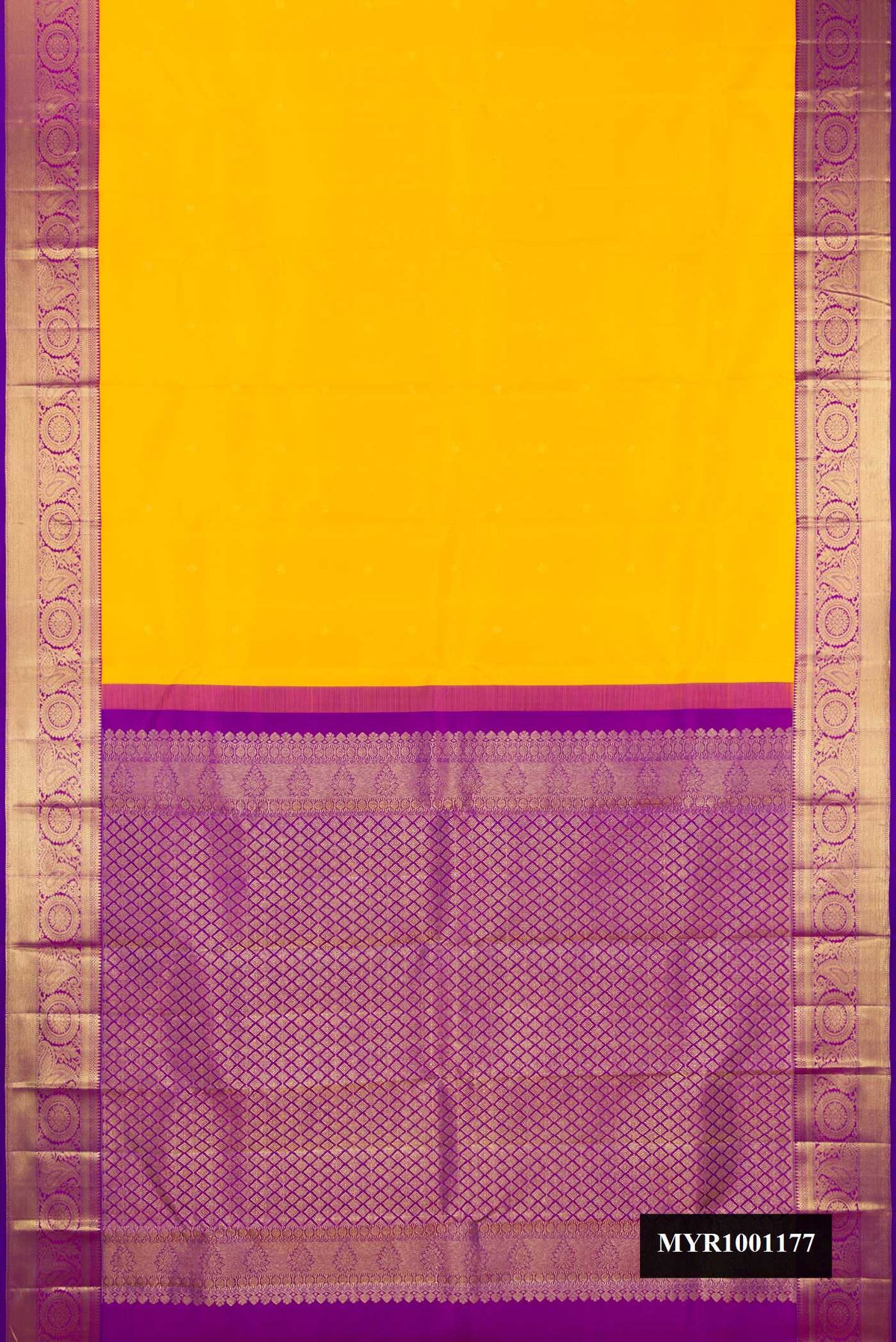 Yellow Dual Tone Kanchipuram Silk Saree with Zari Butta on the body and Fancy Border.  displayed on a mannequin