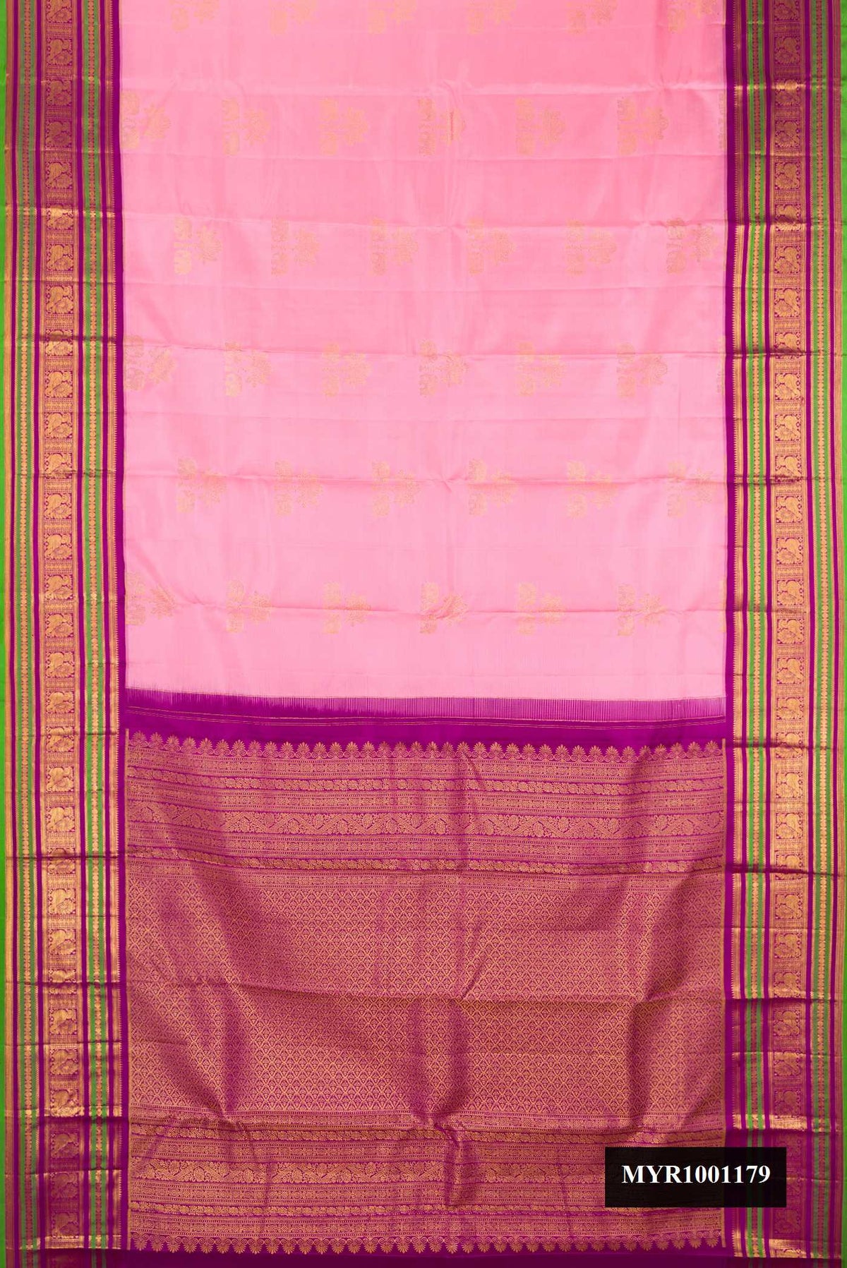 Rose pink Dual Tone Kanchipuram Silk Saree with Zari Butta on the body and Fancy Border.  displayed on a mannequin