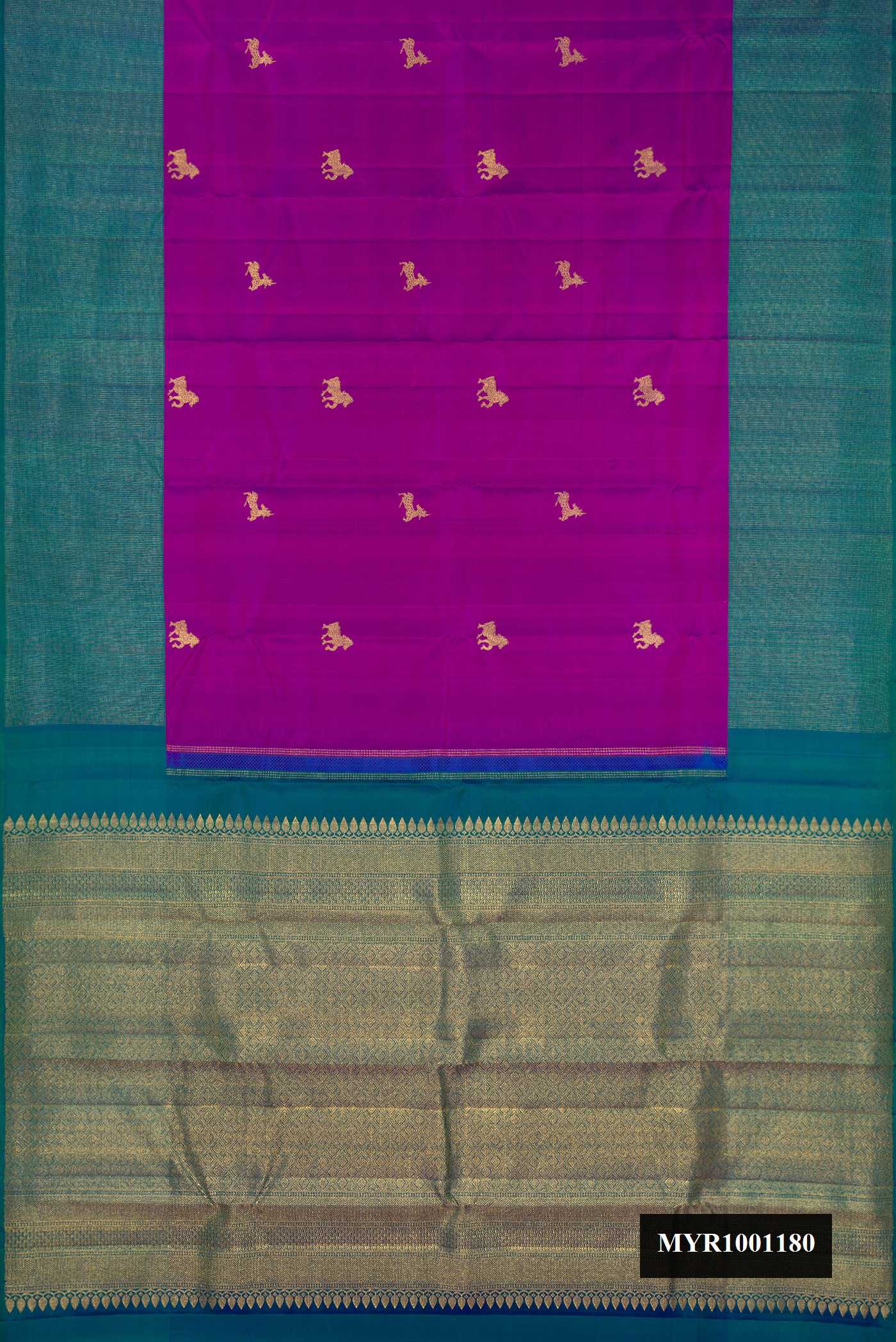 Peacock Blue Dual Tone Kanchipuram Silk Saree with Zari Butta on the body and Zari Border.  displayed on a mannequin
